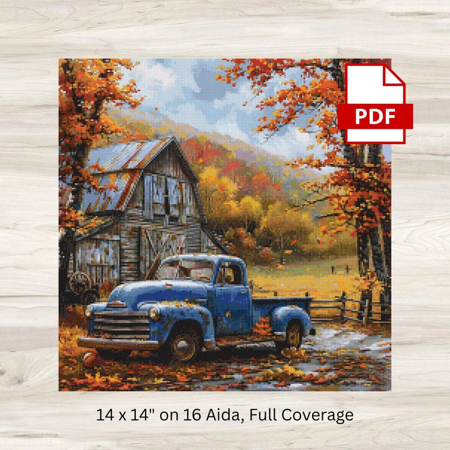 Cross Stitch Pattern: Autumn Barn and Truck Rural Americana Motif 7 - PDF Instant Download