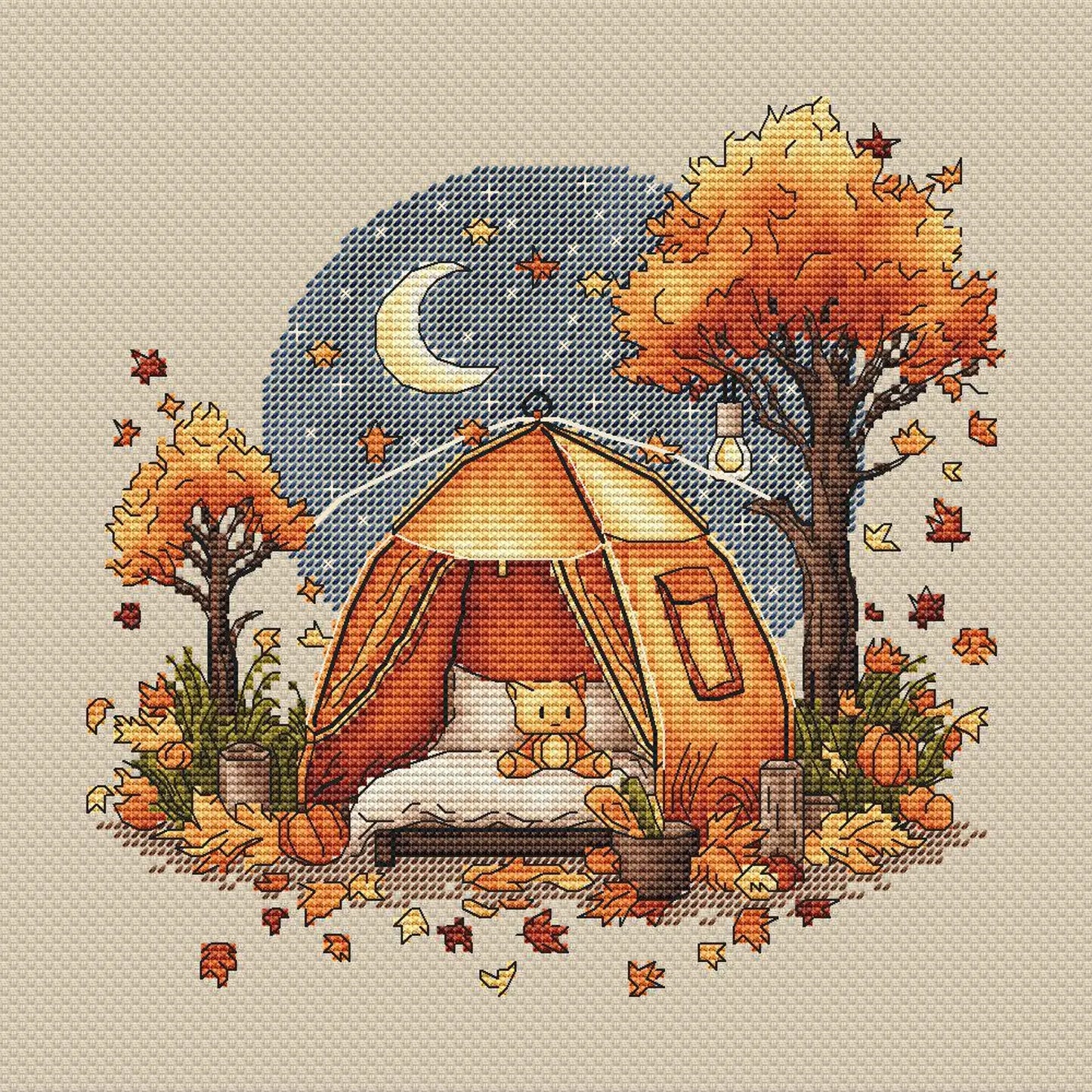Fall Cross Stitch Pattern PDF, Autumn Embroidery, Autumn Leaves Cross Stitch, Vintage Embroidery, Camping Embroidery Counted Cross Stitch