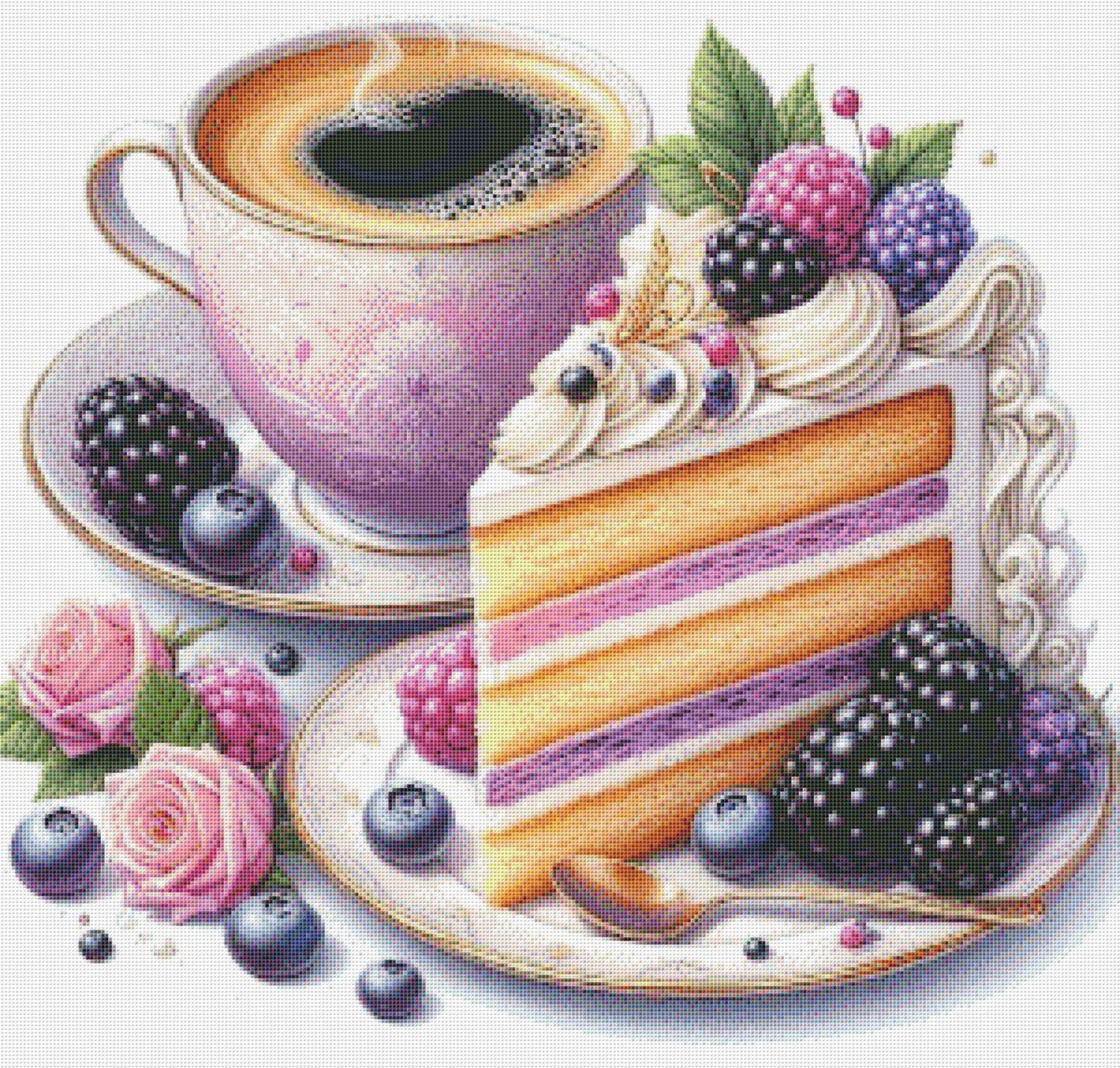 Coffee and Berry Cake Cross Stitch Pattern, Elegant Dessert and Tea Embroidery Design, Instant PDF Download for Kitchen Decor