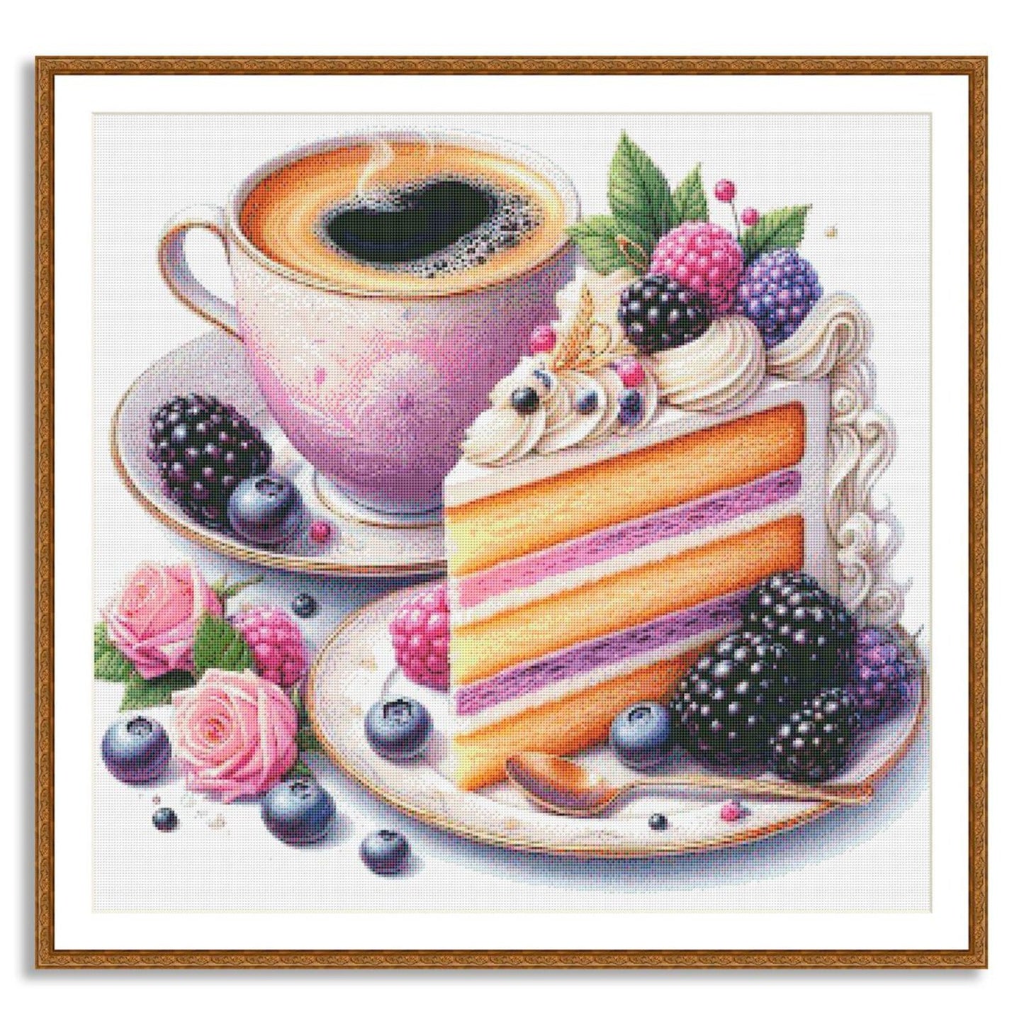 Coffee and Berry Cake Cross Stitch Pattern, Elegant Dessert and Tea Embroidery Design, Instant PDF Download for Kitchen Decor