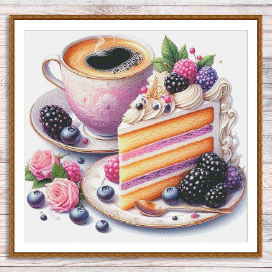 Coffee and Berry Cake Cross Stitch Pattern, Elegant Dessert and Tea Embroidery Design, Instant PDF Download for Kitchen Decor