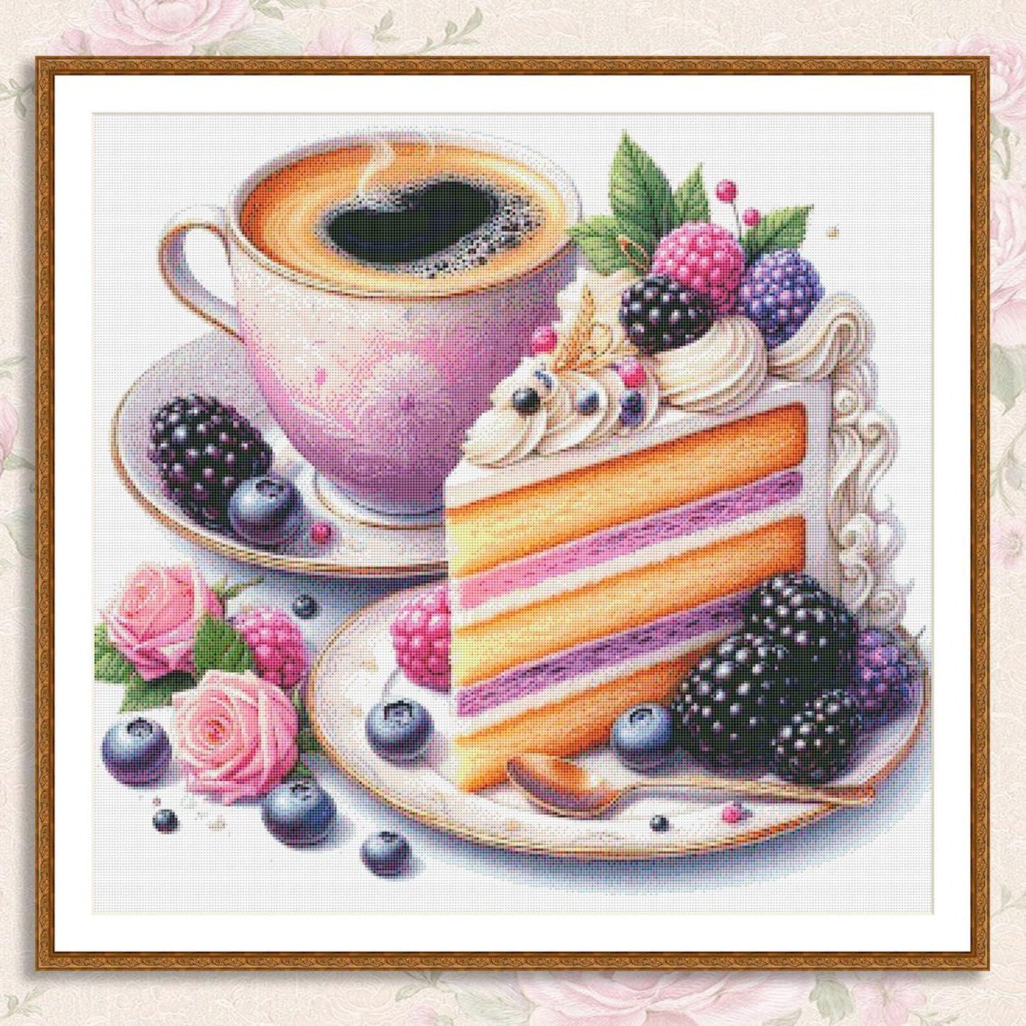 Coffee and Berry Cake Cross Stitch Pattern, Elegant Dessert and Tea Embroidery Design, Instant PDF Download for Kitchen Decor