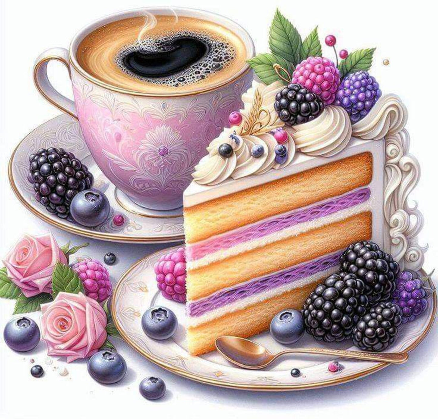 Coffee and Berry Cake Cross Stitch Pattern, Elegant Dessert and Tea Embroidery Design, Instant PDF Download for Kitchen Decor