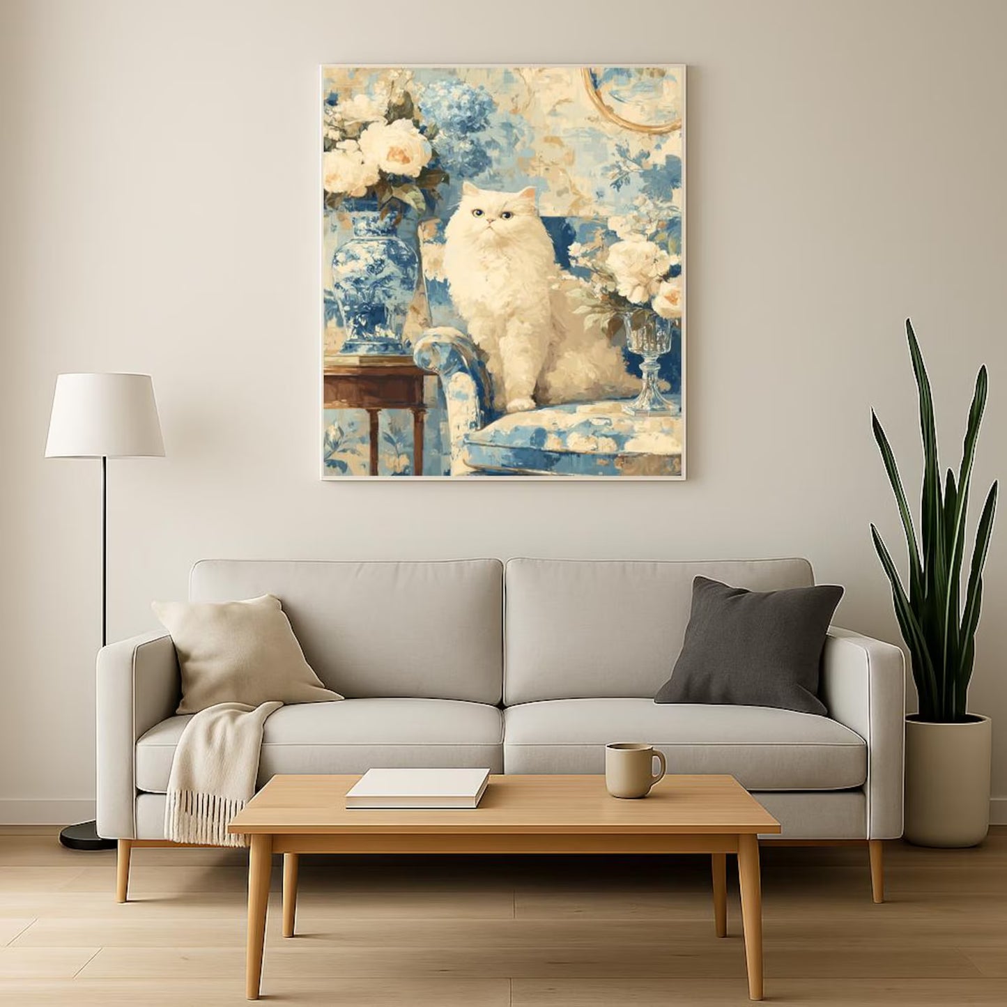 Elegant White Cat Floral Art Print | Digital Download | Cat Lovers Wall Art | Floral Decor Gift | Modern Home Decoration | White Cat Art