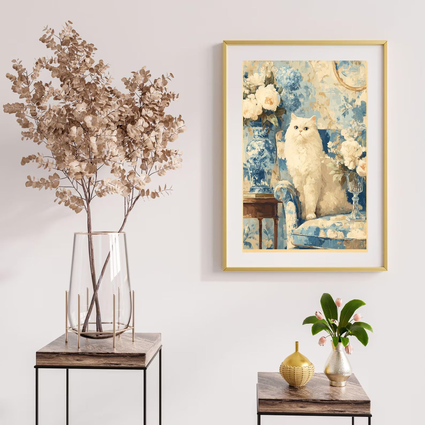 Elegant White Cat Floral Art Print | Digital Download | Cat Lovers Wall Art | Floral Decor Gift | Modern Home Decoration | White Cat Art