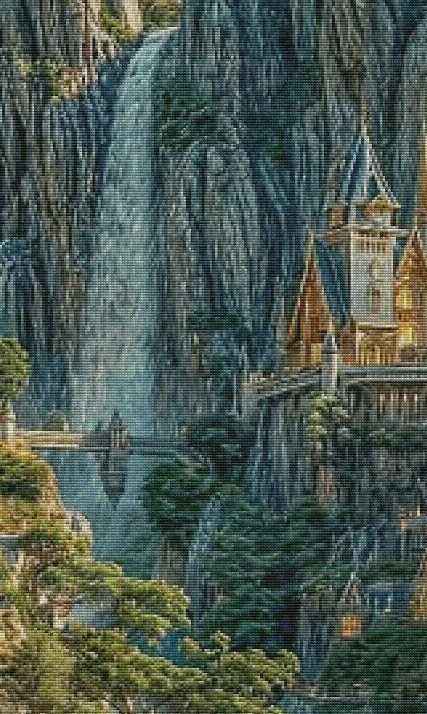 Mountain castle (400x710 stitches), DMC cross stitch pattern, pdf/xsd