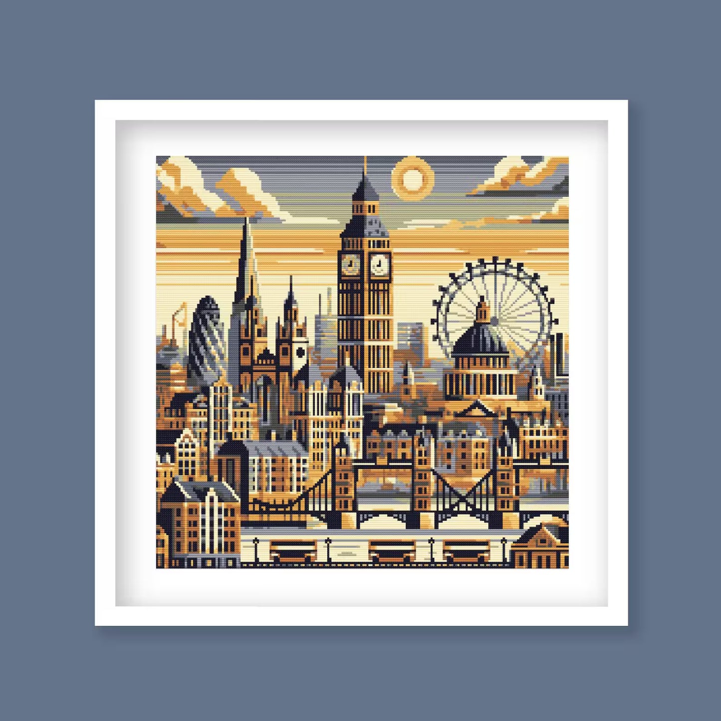 Geometric London Cross Stitch Pattern - Modern Village Architecture Embroidery Design, Big Ben, Tower Bridge & London Eye, Digital Download.