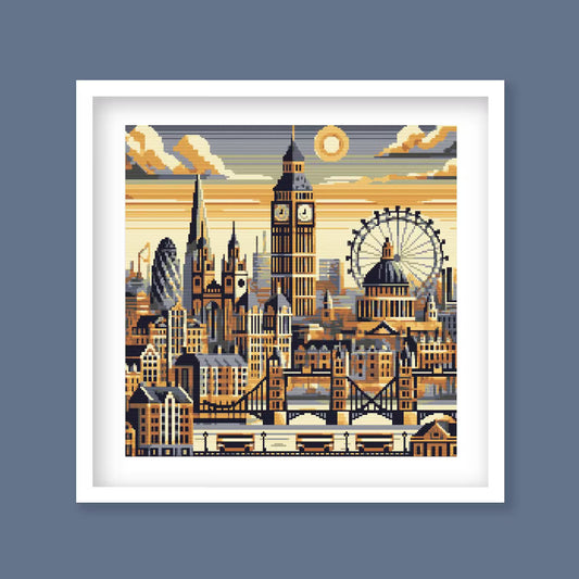 Geometric London Cross Stitch Pattern - Modern Village Architecture Embroidery Design, Big Ben, Tower Bridge & London Eye, Digital Download.