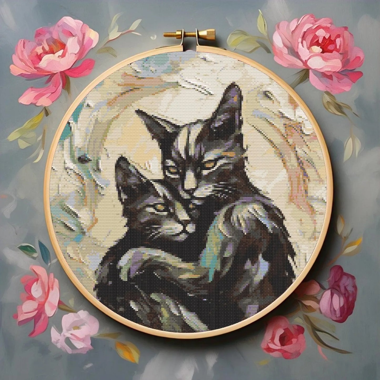 Set of 4 Artistic Floral Cats Cross Stitch Pattern, Kitten Needlework Design, Cross Stitch Chart, Pet Portrait Embroidery Pattern PDF