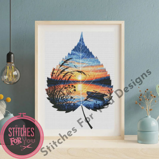 Leafscape Sunset- Counted Cross Stitch Patterns - Printable Chart PDF Format Needlework Embroidery Crafts DIY DMC color
