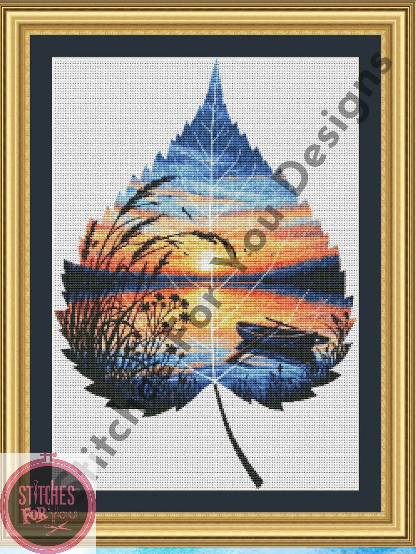 Leafscape Sunset- Counted Cross Stitch Patterns - Printable Chart PDF Format Needlework Embroidery Crafts DIY DMC color