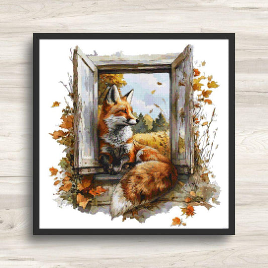 Cross Stitch Pattern: Farm Window Fox in Autumn - PDF Instant Download