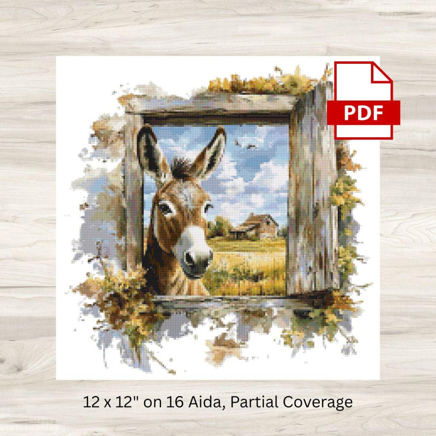 Cross Stitch Pattern: Farm Window Donkey - PDF Instant Download