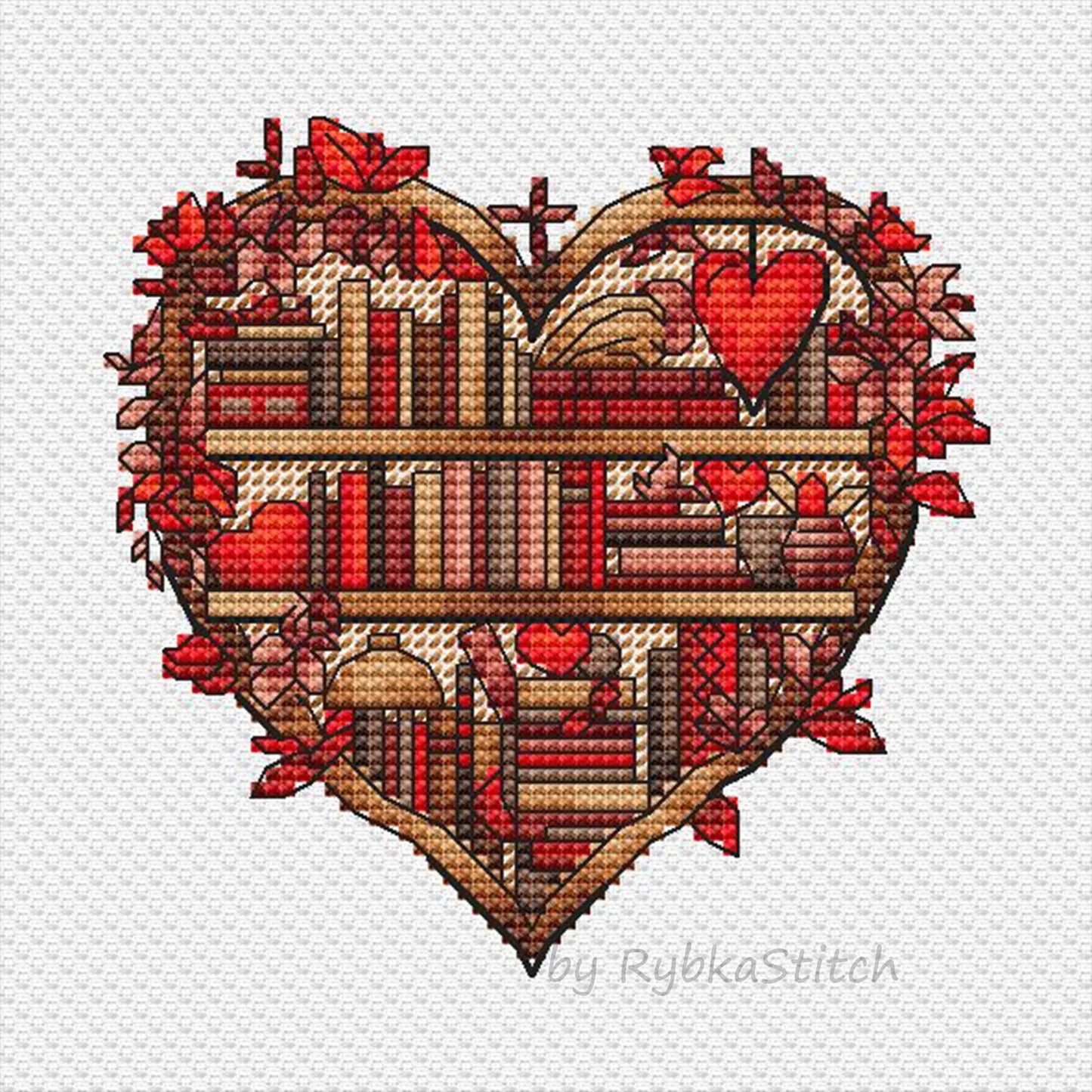 Autumn Bookshelf Cross Stitch Pattern PDF, Autumn Leaves Embroidery, Vintage Book Embroidery Digital File Instant Download, Old Books PDF