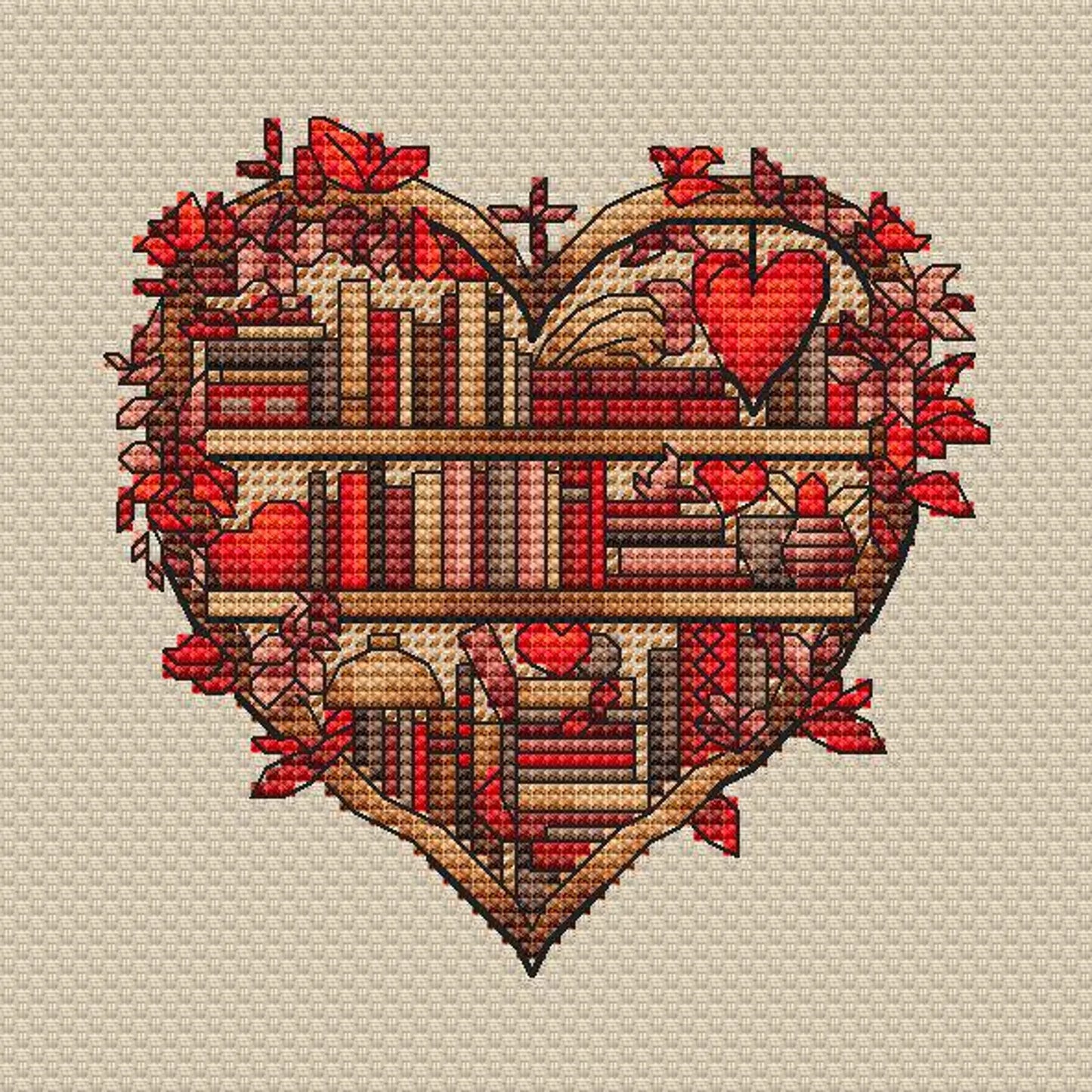 Autumn Bookshelf Cross Stitch Pattern PDF, Autumn Leaves Embroidery, Vintage Book Embroidery Digital File Instant Download, Old Books PDF