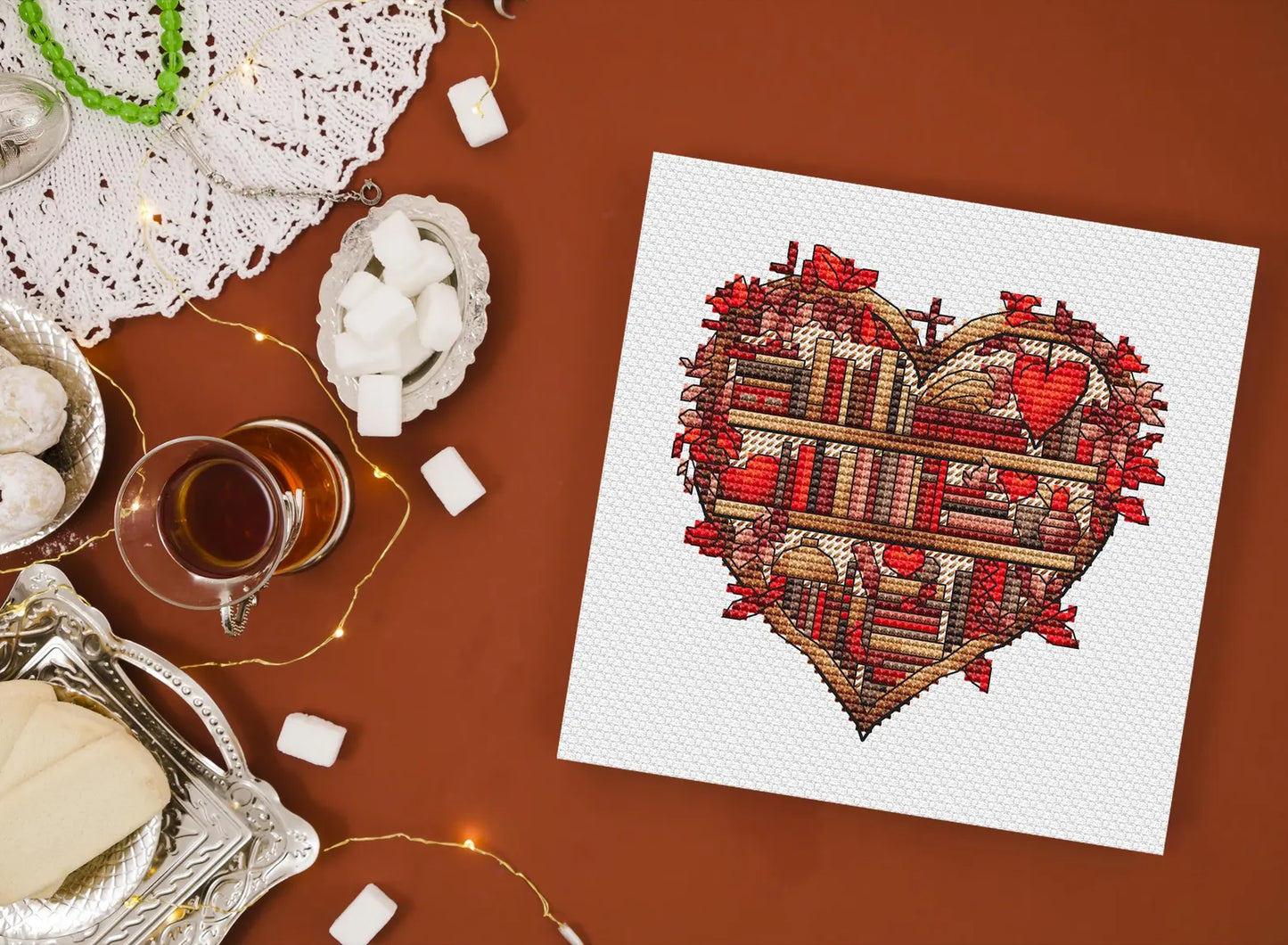 Autumn Bookshelf Cross Stitch Pattern PDF, Autumn Leaves Embroidery, Vintage Book Embroidery Digital File Instant Download, Old Books PDF