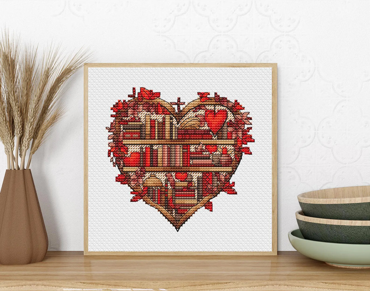 Autumn Bookshelf Cross Stitch Pattern PDF, Autumn Leaves Embroidery, Vintage Book Embroidery Digital File Instant Download, Old Books PDF