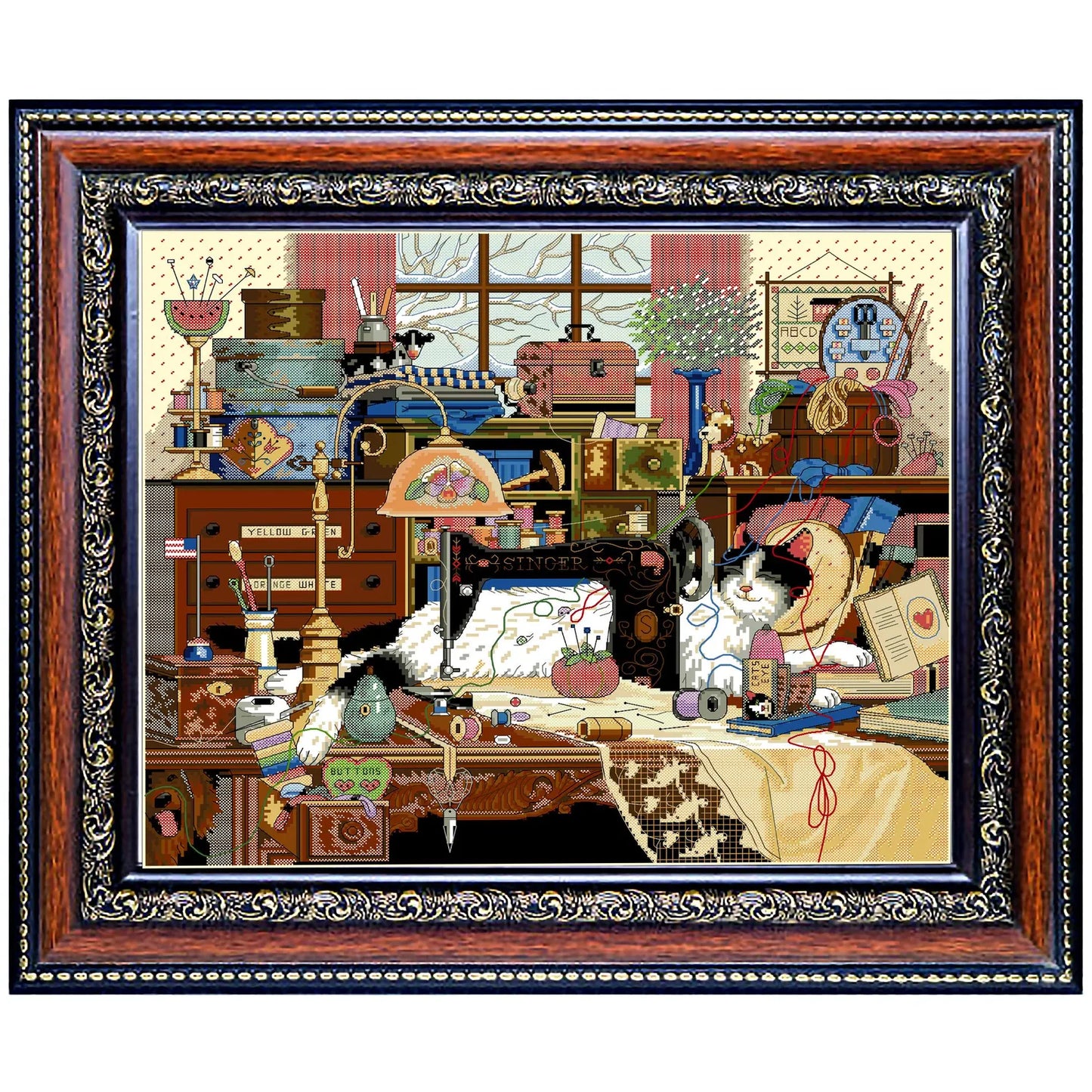 Cross stitch pattern in PDF format. Adorable cat in the sewing room. Modern wall decor.