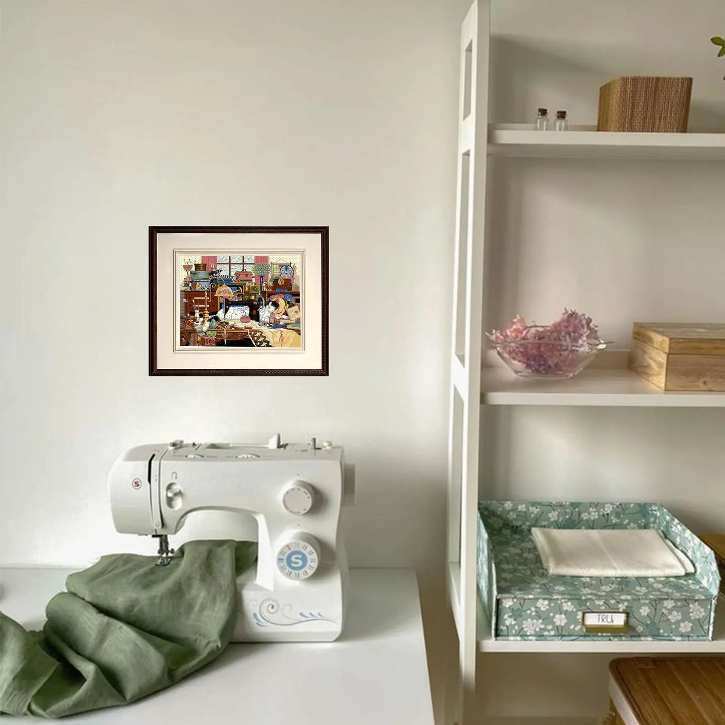 Cross stitch pattern in PDF format. Adorable cat in the sewing room. Modern wall decor.