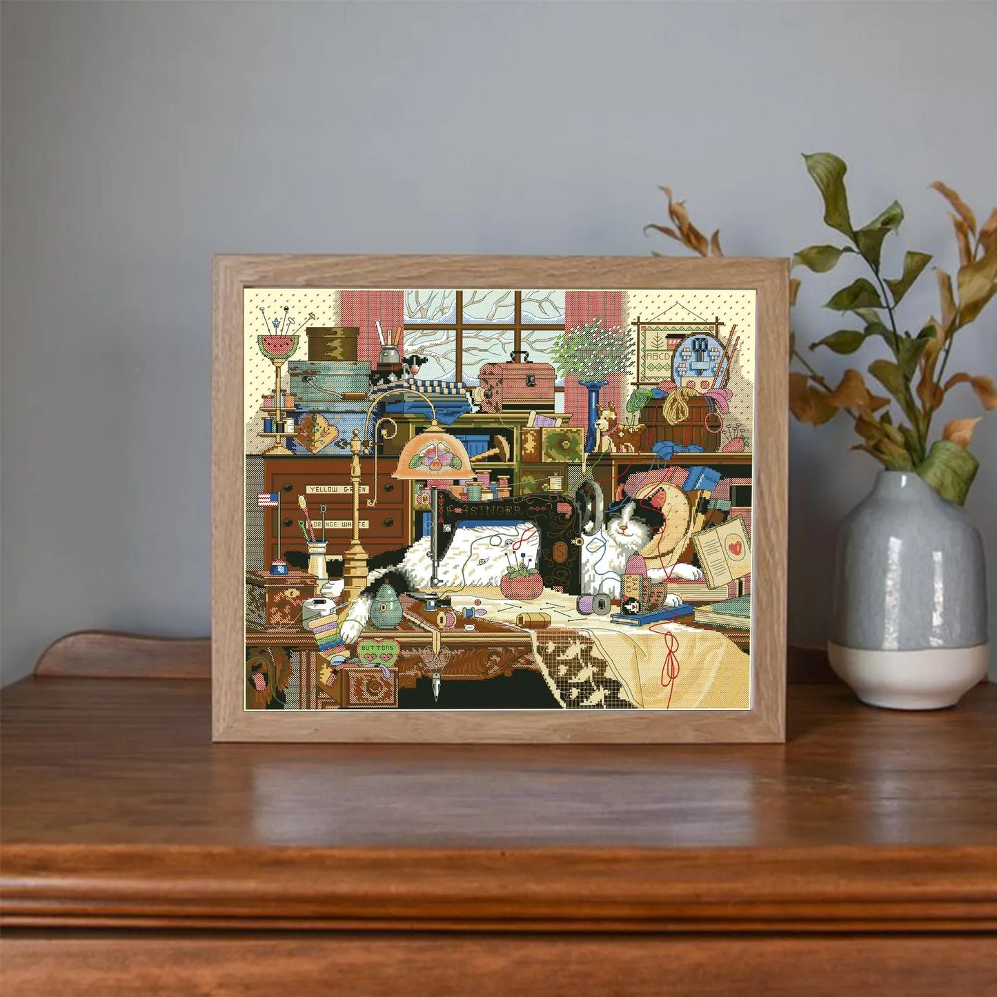 Cross stitch pattern in PDF format. Adorable cat in the sewing room. Modern wall decor.