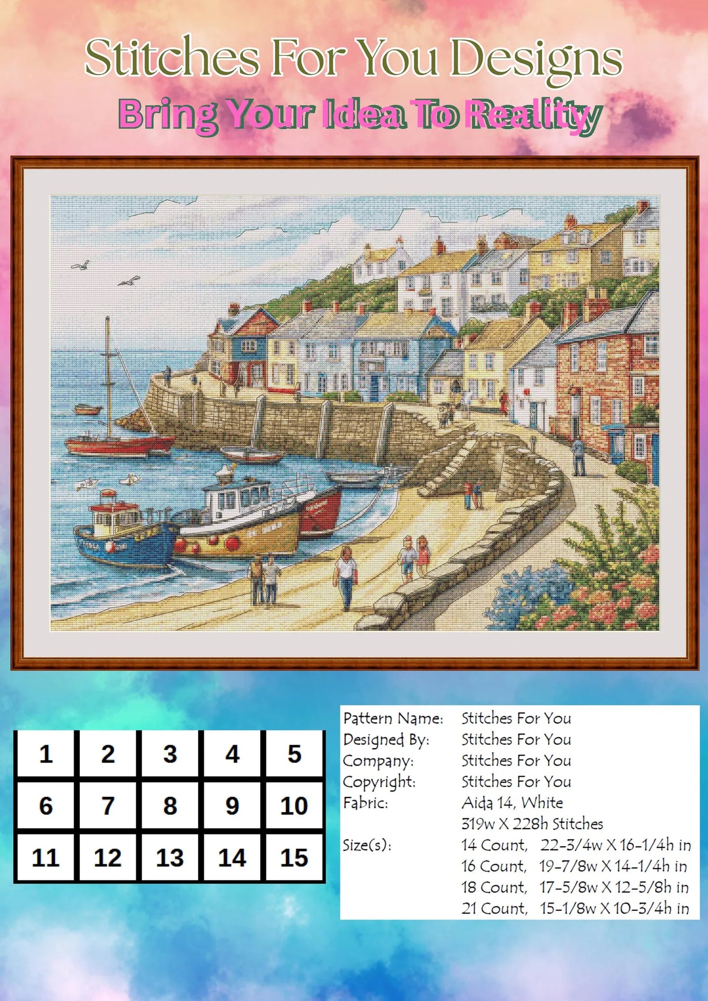 Seaside Serenity: Coastal Village Counted Cross Stitch Patterns - Printable Chart PDF Format Needlework Embroidery Crafts DIY DMC color