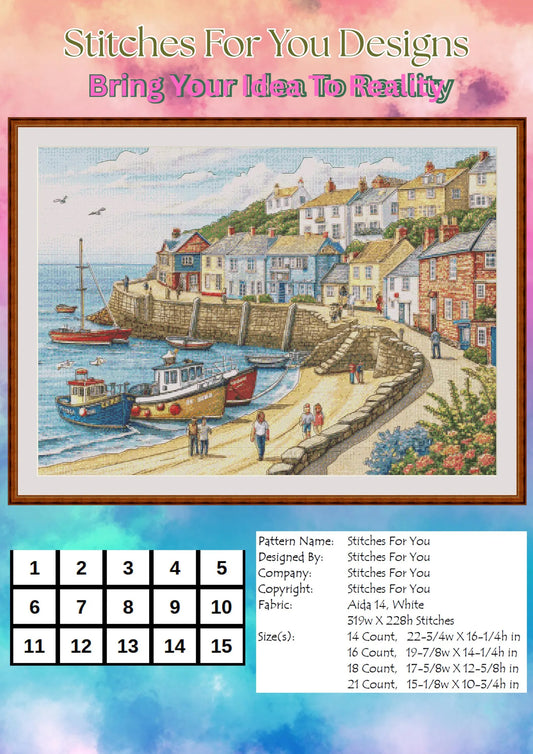 Seaside Serenity: Coastal Village Counted Cross Stitch Patterns - Printable Chart PDF Format Needlework Embroidery Crafts DIY DMC color