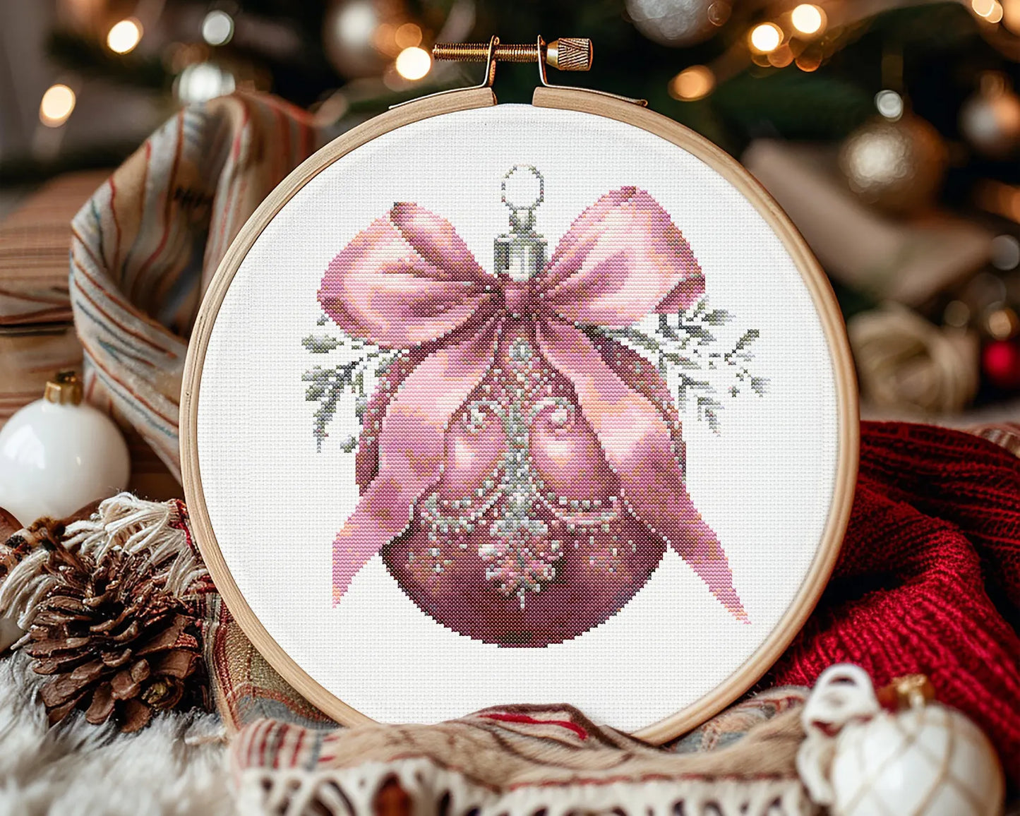 Pink Silver Bauble Cross Stitch Pattern | PDF Guide | Digital Download | Christmas Cross Stitch Wall Art | Intermediate Cross Stitch