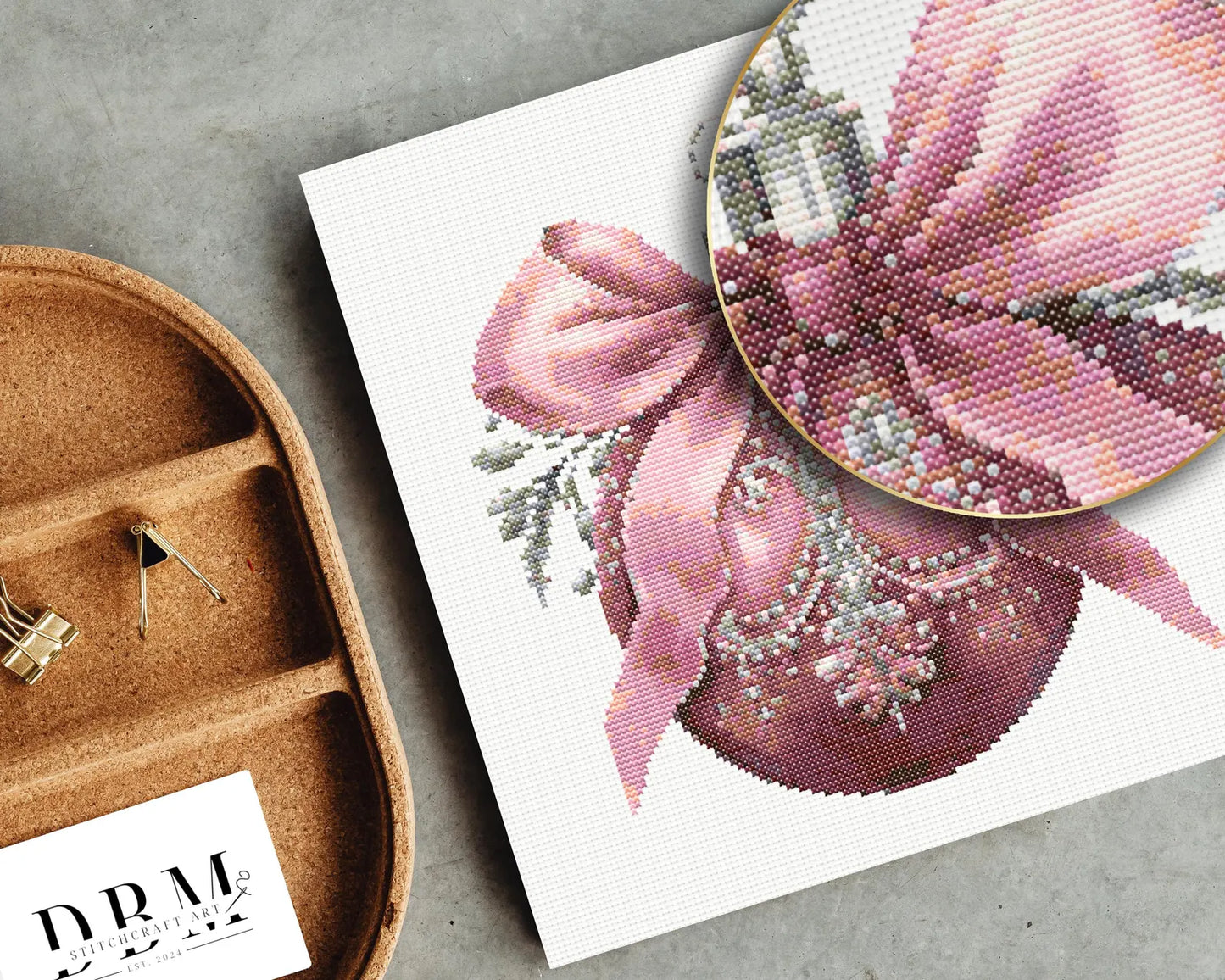 Pink Silver Bauble Cross Stitch Pattern | PDF Guide | Digital Download | Christmas Cross Stitch Wall Art | Intermediate Cross Stitch