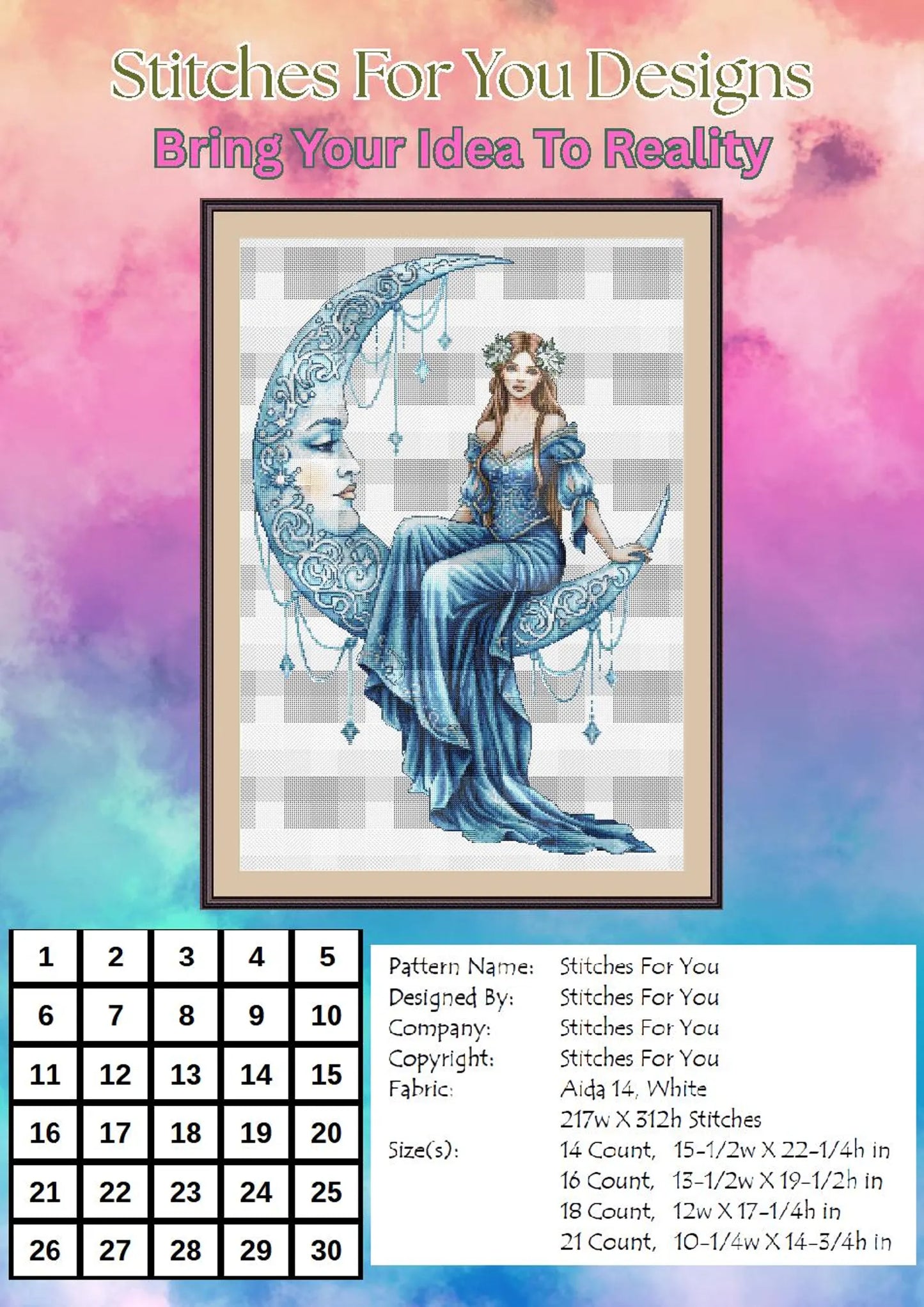 Goddess of the Crescent Moon - Counted Cross Stitch Patterns - Printable Chart PDF Format Needlework Embroidery Crafts DIY DMC color