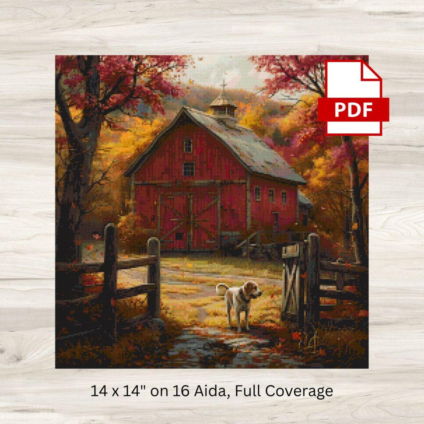 Cross Stitch Pattern: Autumn Red Barn Rural Americana Motif 5 - PDF Instant Download