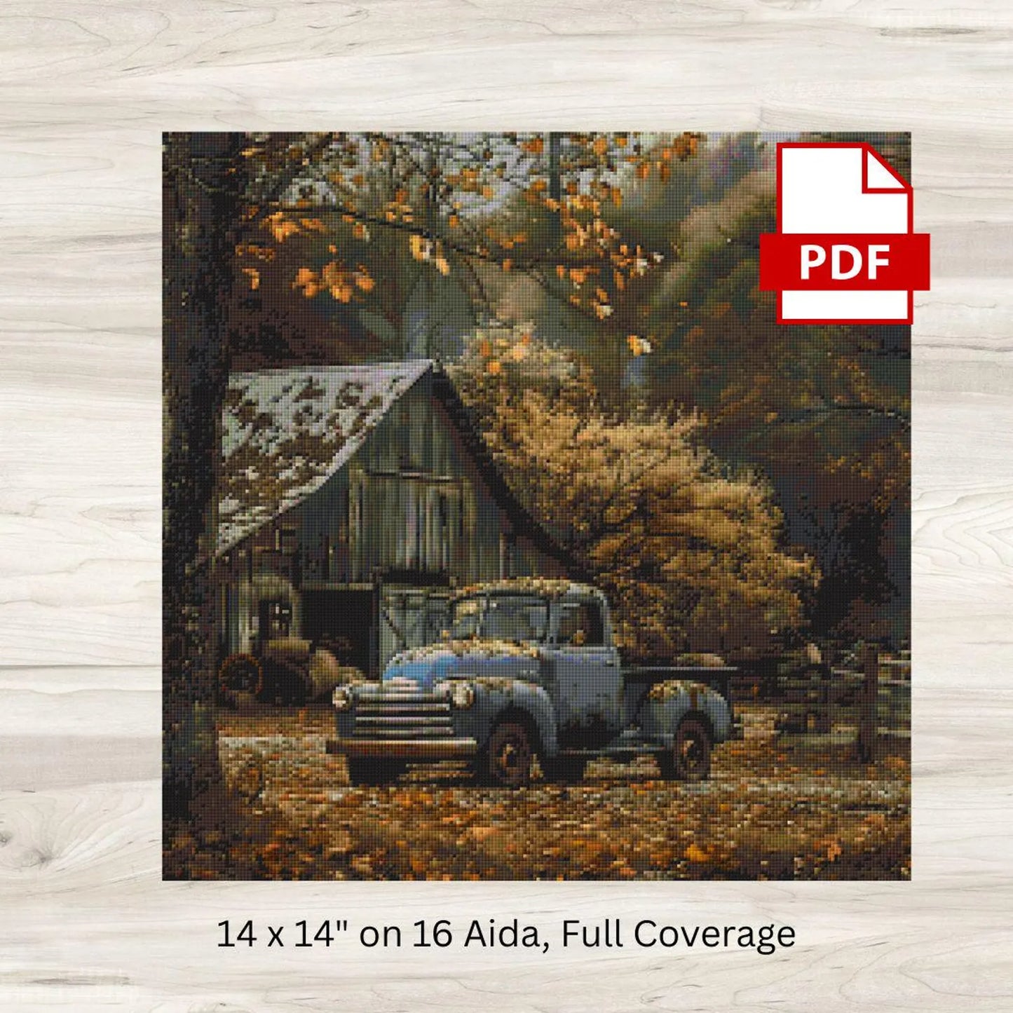 Cross Stitch Pattern: Autumn Barn and Truck Rural Americana Motif 6 - PDF Instant Download