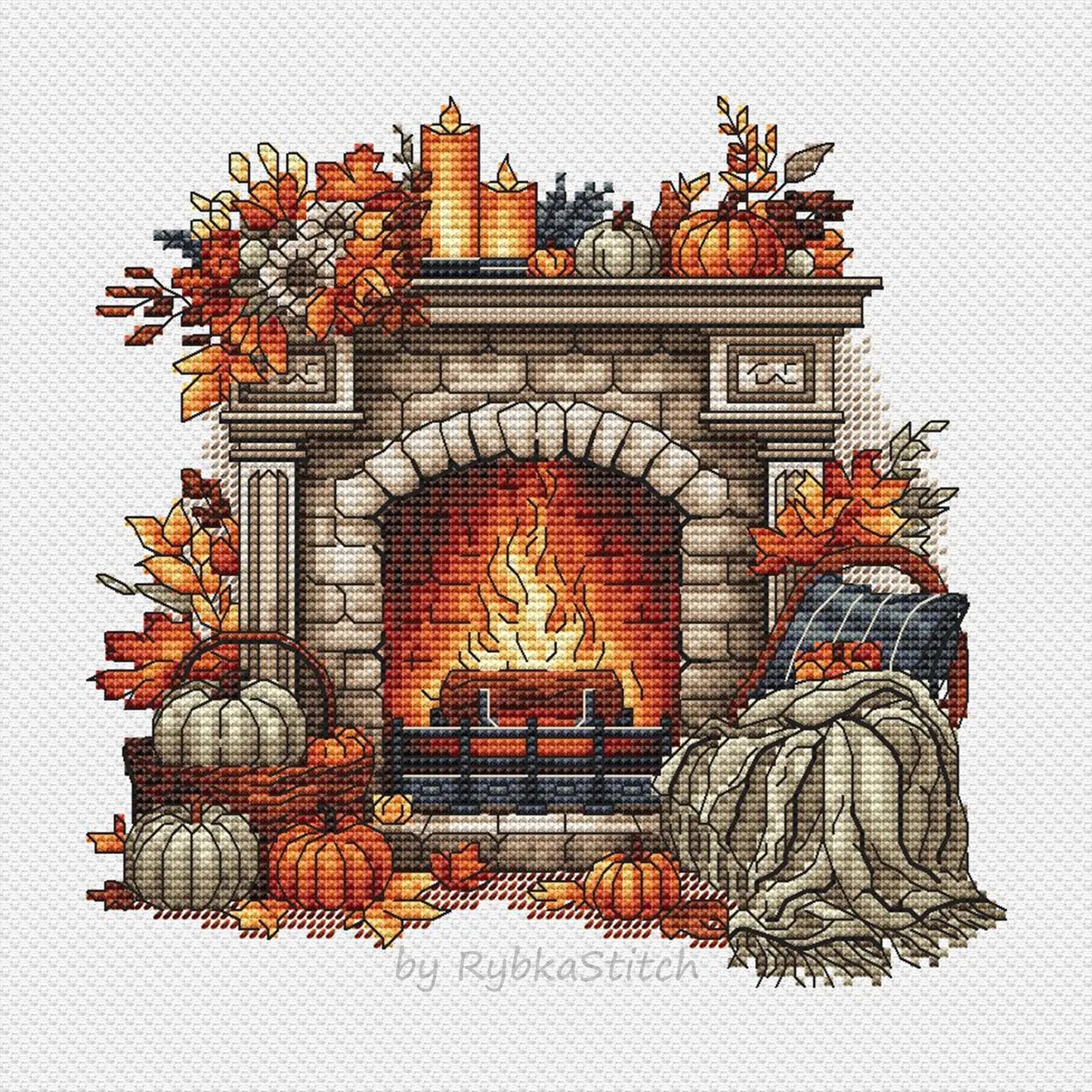Autumn Cross Stitch Pattern PDF, Autumn Leaves Cross Stitch, Fireplace Embroidery, Autumn embroidery Counted Cross Stitch, Fall Embroidery