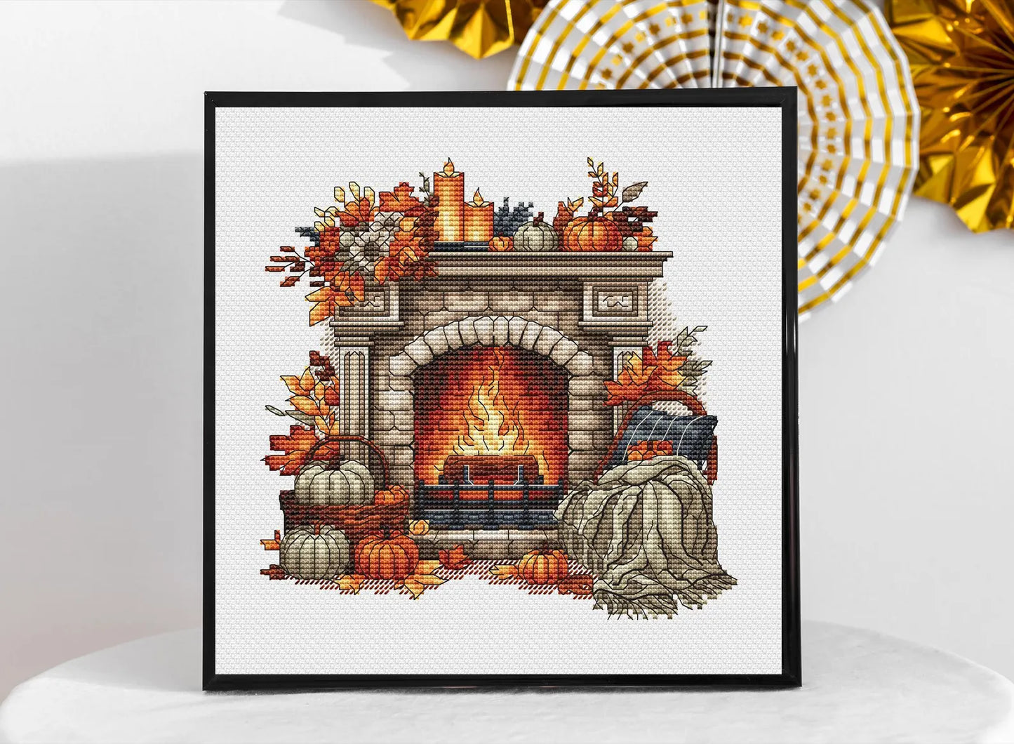 Autumn Cross Stitch Pattern PDF, Autumn Leaves Cross Stitch, Fireplace Embroidery, Autumn embroidery Counted Cross Stitch, Fall Embroidery