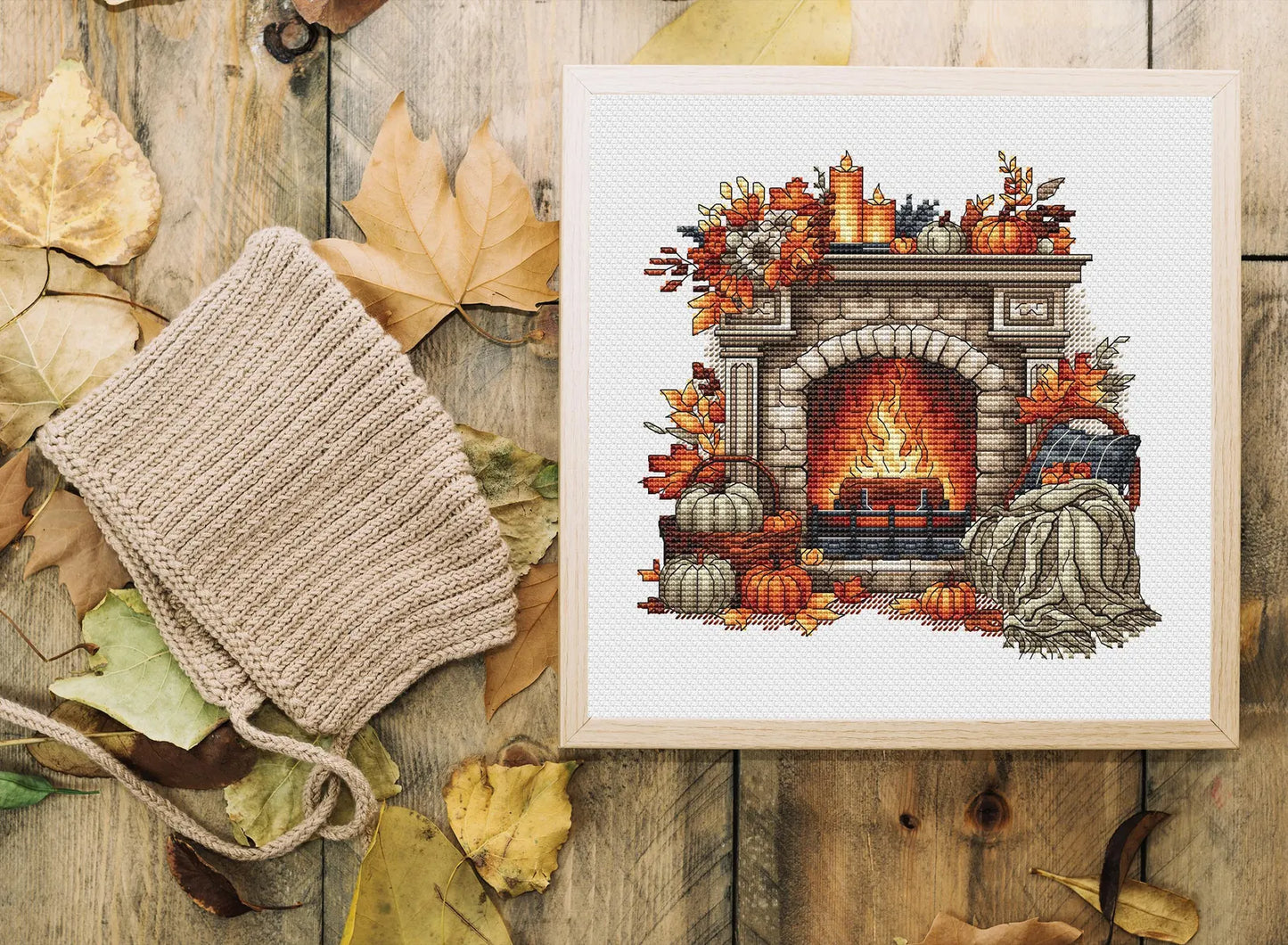 Autumn Cross Stitch Pattern PDF, Autumn Leaves Cross Stitch, Fireplace Embroidery, Autumn embroidery Counted Cross Stitch, Fall Embroidery