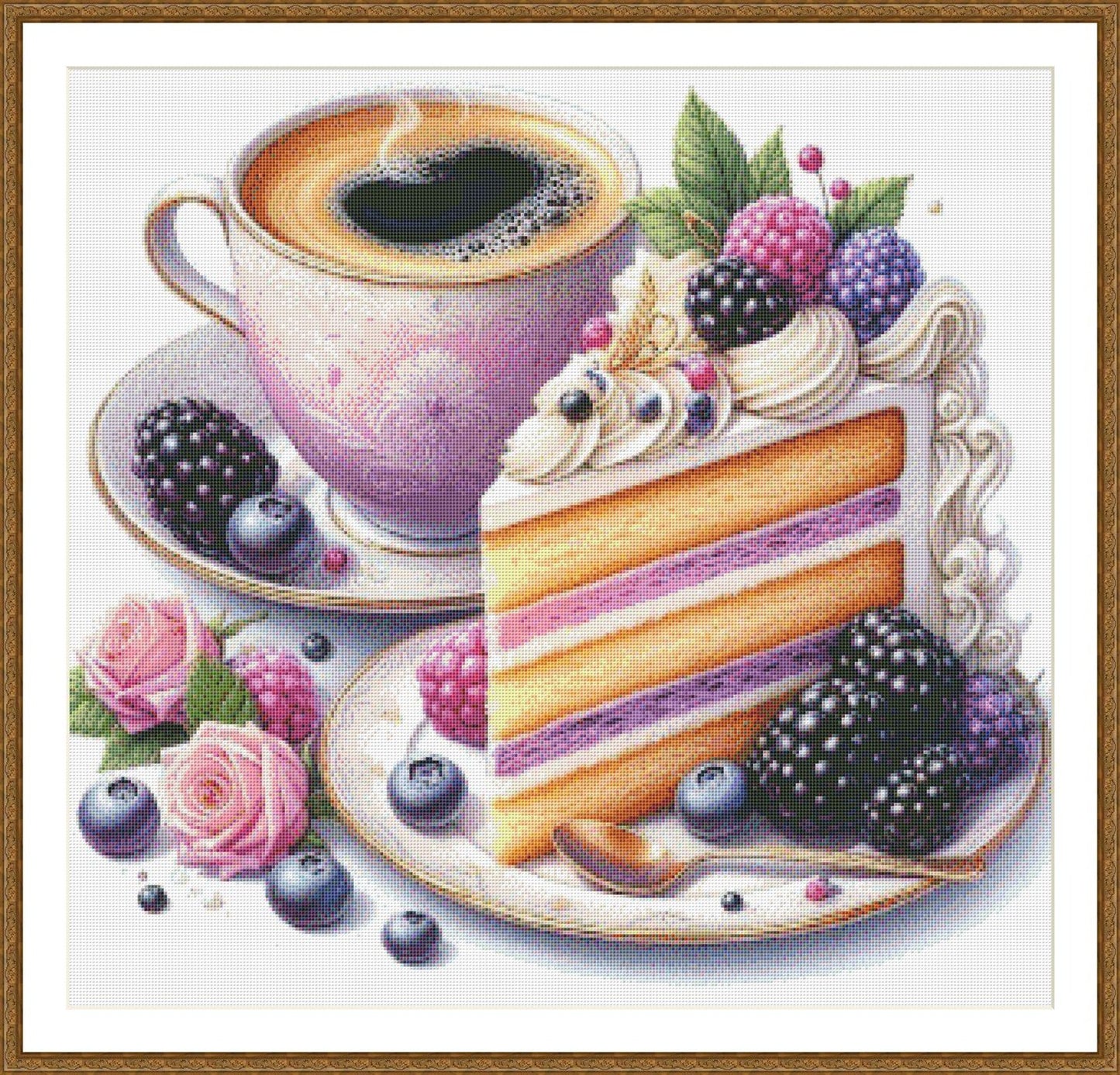 Coffee and Berry Cake Cross Stitch Pattern, Elegant Dessert and Tea Embroidery Design, Instant PDF Download for Kitchen Decor