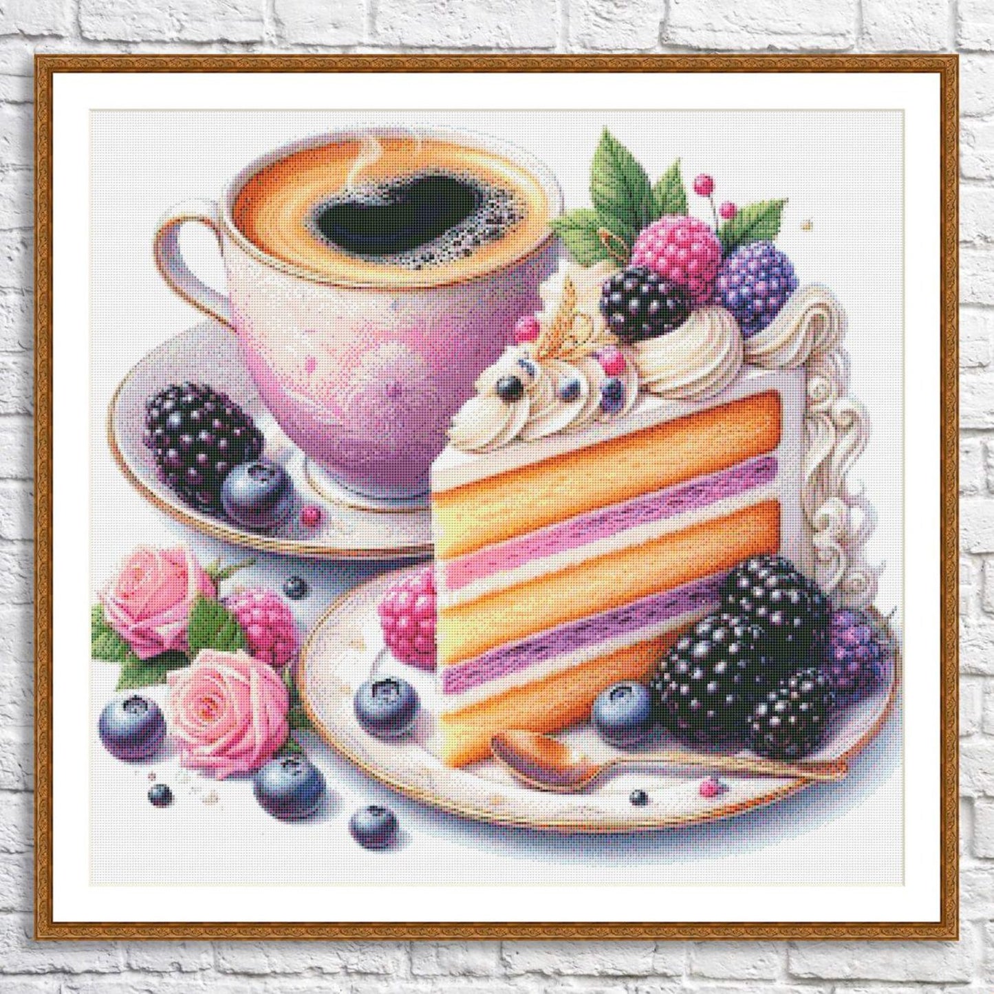 Coffee and Berry Cake Cross Stitch Pattern, Elegant Dessert and Tea Embroidery Design, Instant PDF Download for Kitchen Decor