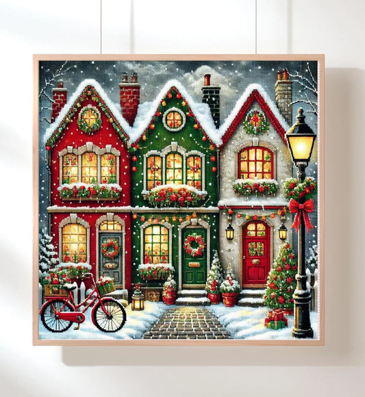 Christmas Village Cross Stitch Pattern – Winter Holiday Houses PDF | Snowy Scene Embroidery, Large Cross Stitch Pattern