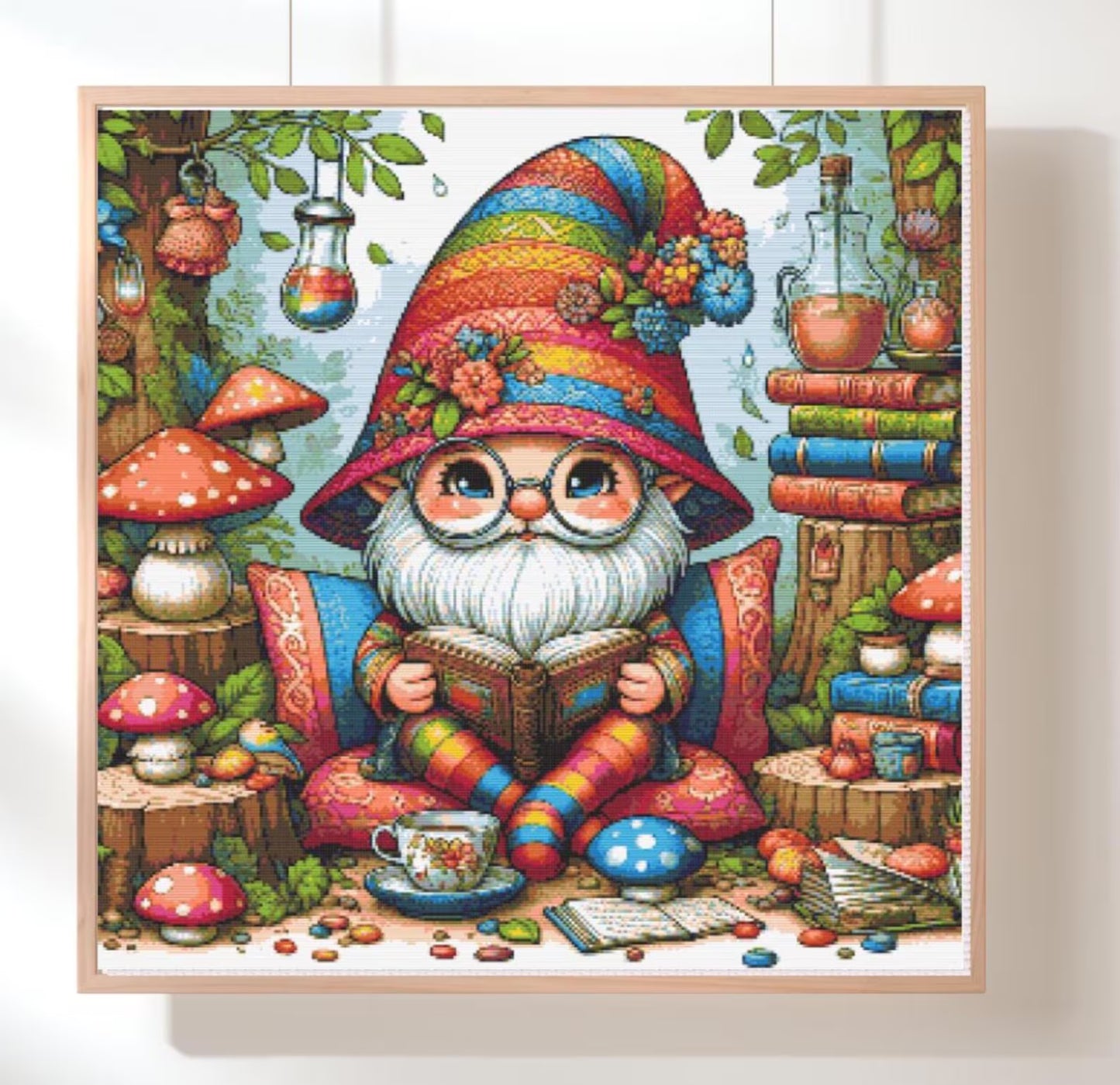 Rainbow Gnome Cross Stitch Pattern – Cozy Reading Forest Scene | 300x300 Modern Embroidery PDF,Large Cross Stitch Pattern