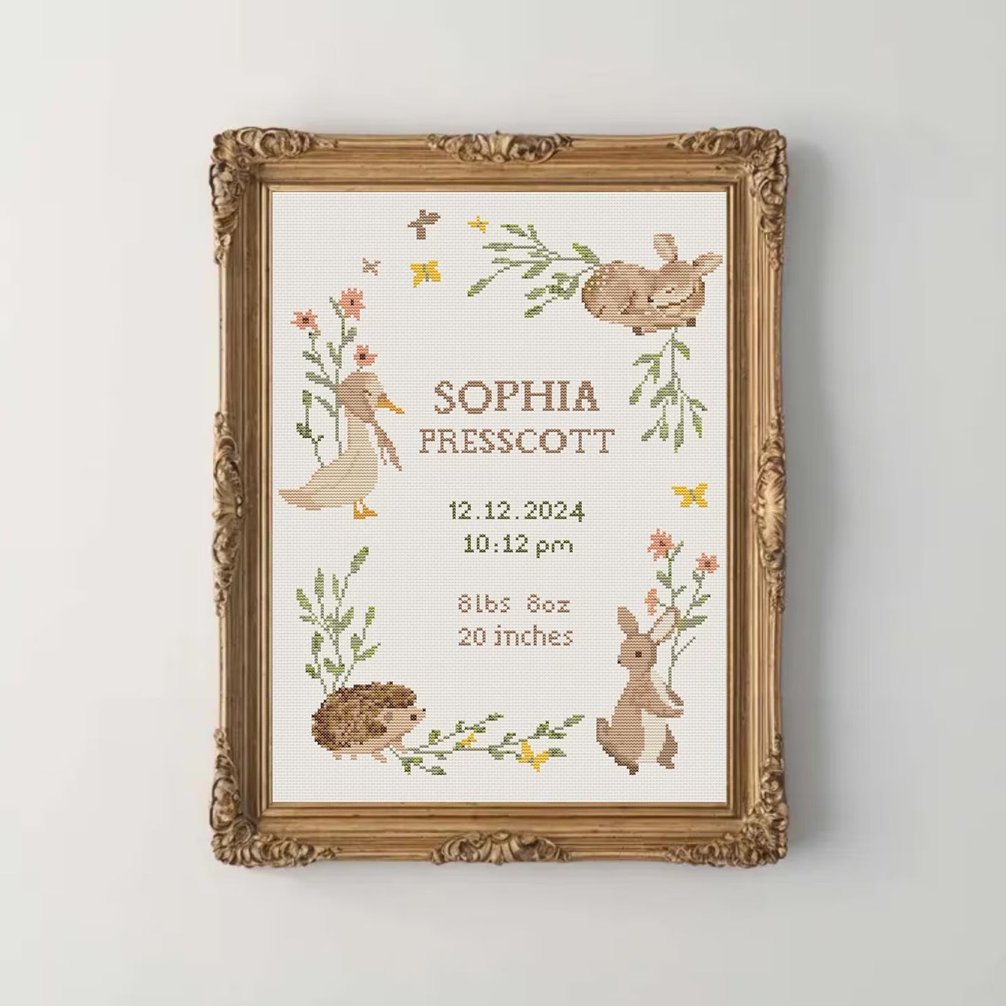 Baby Birth Announcement Cross Stitch Pattern, Customizable Floral Animal Embroidery PDF, Modern Girl Boy Nursery Decor, DIY Baby Shower Gift