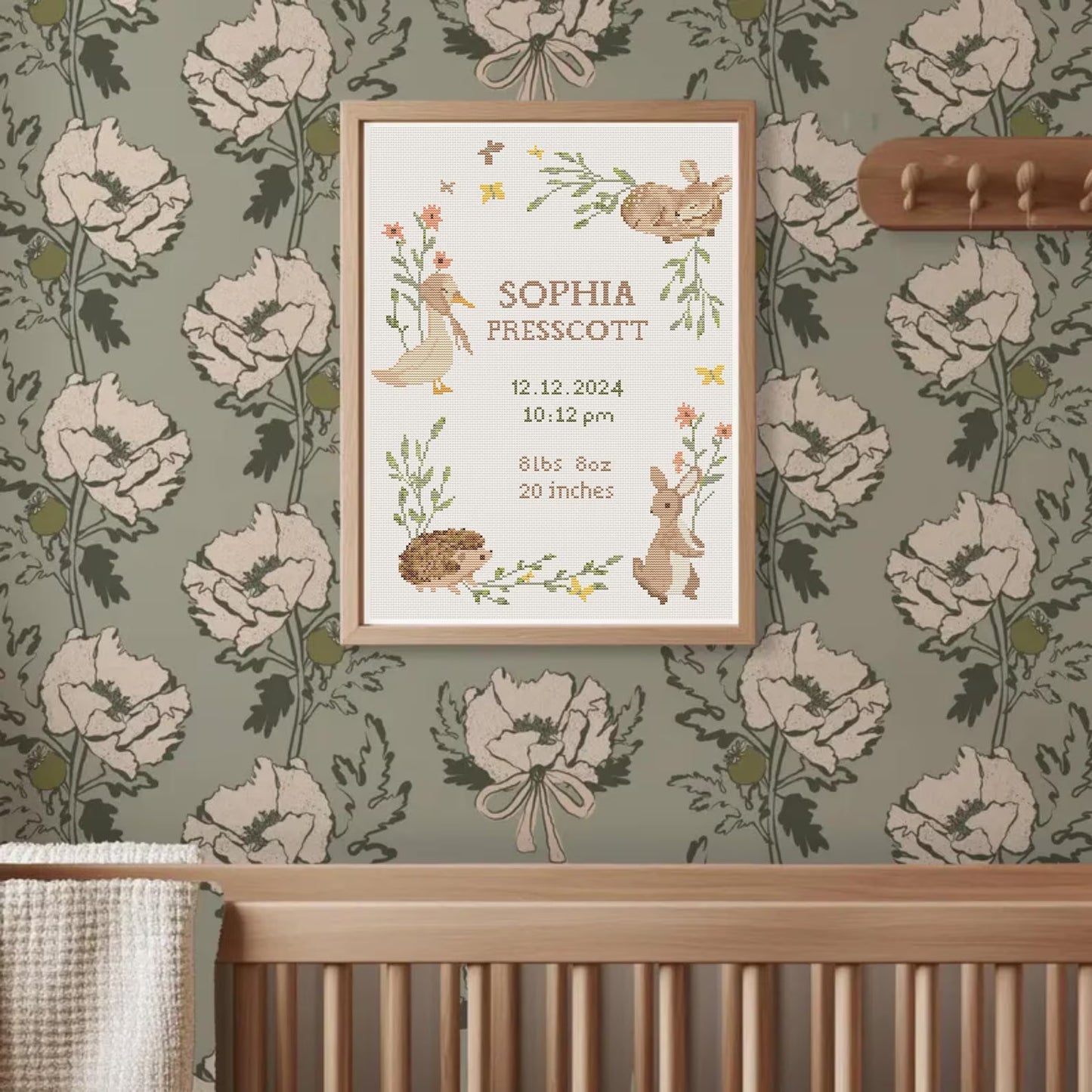 Baby Birth Announcement Cross Stitch Pattern, Customizable Floral Animal Embroidery PDF, Modern Girl Boy Nursery Decor, DIY Baby Shower Gift