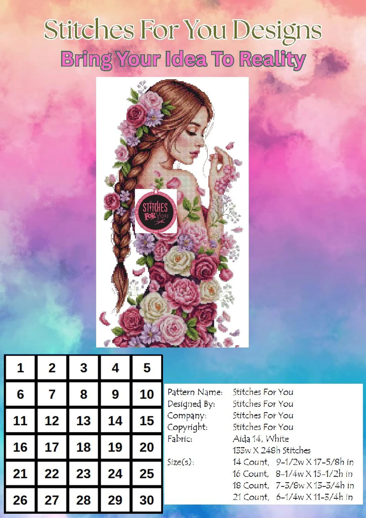 Flower girl - Counted Cross Stitch Patterns - Printable Chart PDF Format Needlework Embroidery Crafts DIY DMC color