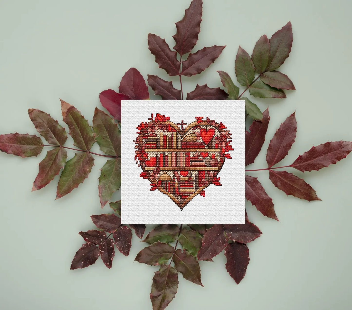 Autumn Bookshelf Cross Stitch Pattern PDF, Autumn Leaves Embroidery, Vintage Book Embroidery Digital File Instant Download, Old Books PDF