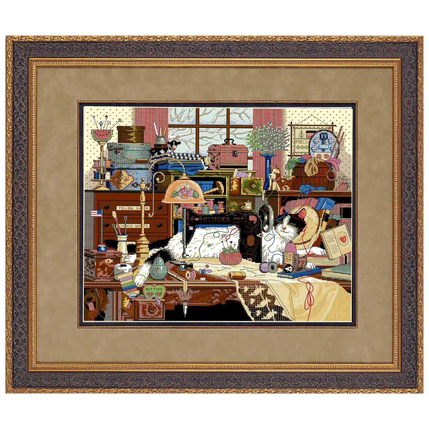 Cross stitch pattern in PDF format. Adorable cat in the sewing room. Modern wall decor.