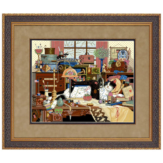 Cross stitch pattern in PDF format. Adorable cat in the sewing room. Modern wall decor.