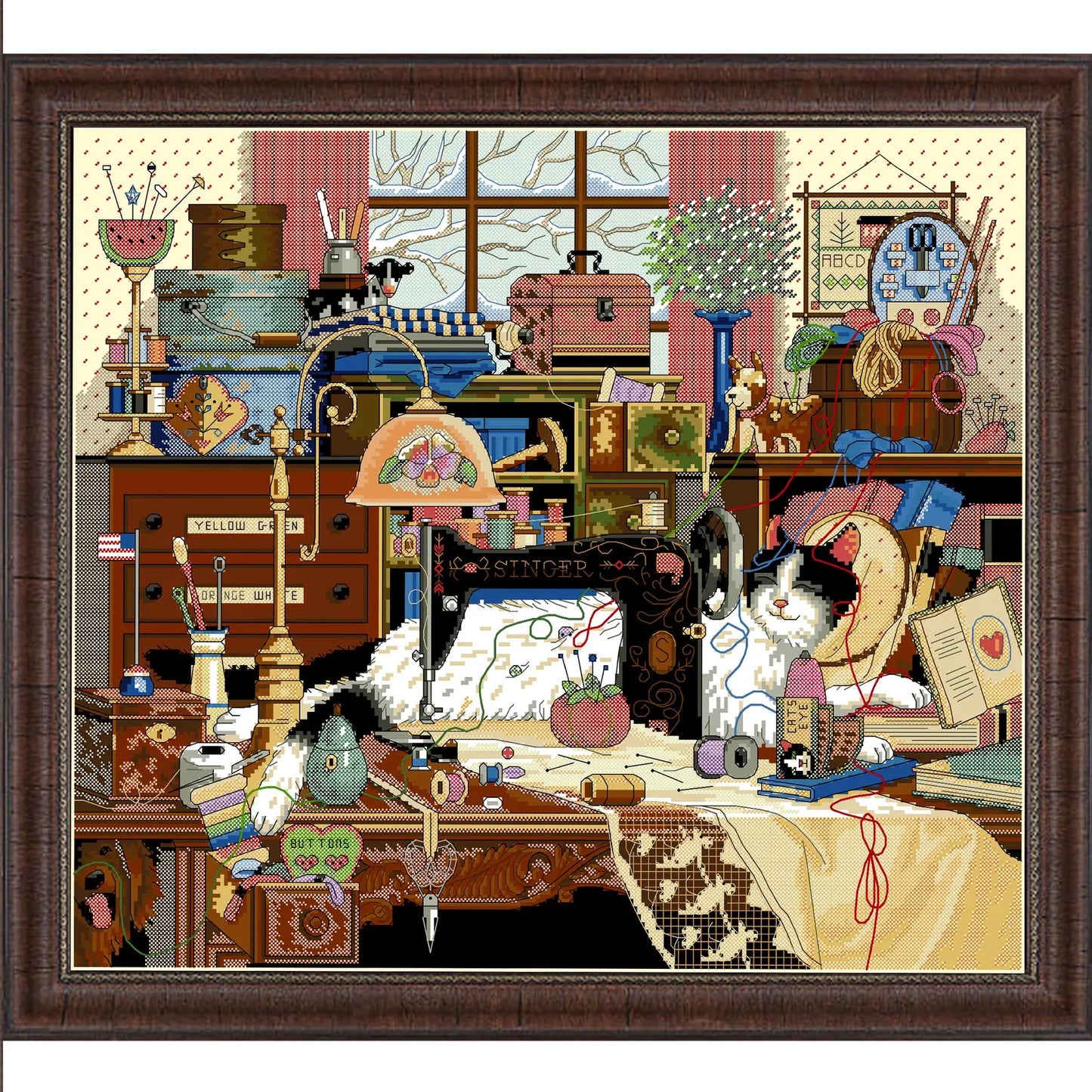 Cross stitch pattern in PDF format. Adorable cat in the sewing room. Modern wall decor.