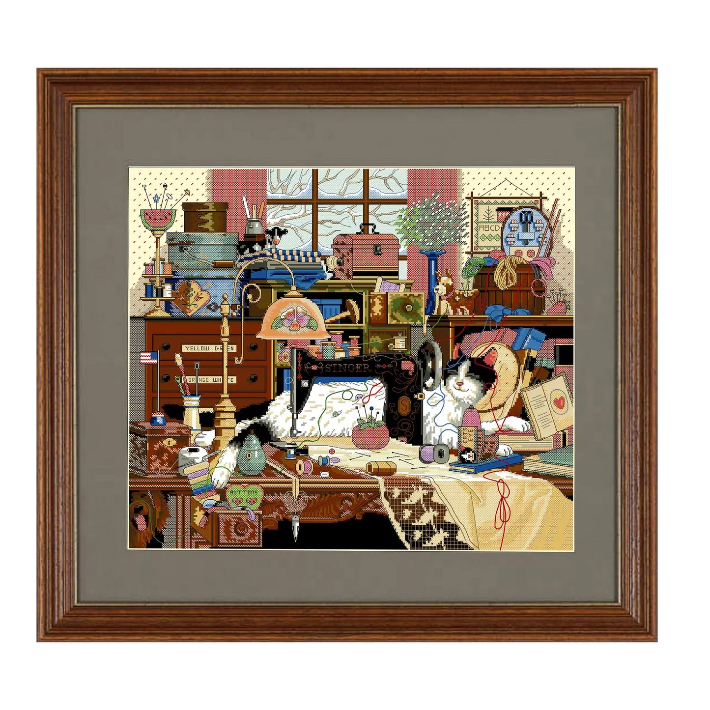 Cross stitch pattern in PDF format. Adorable cat in the sewing room. Modern wall decor.
