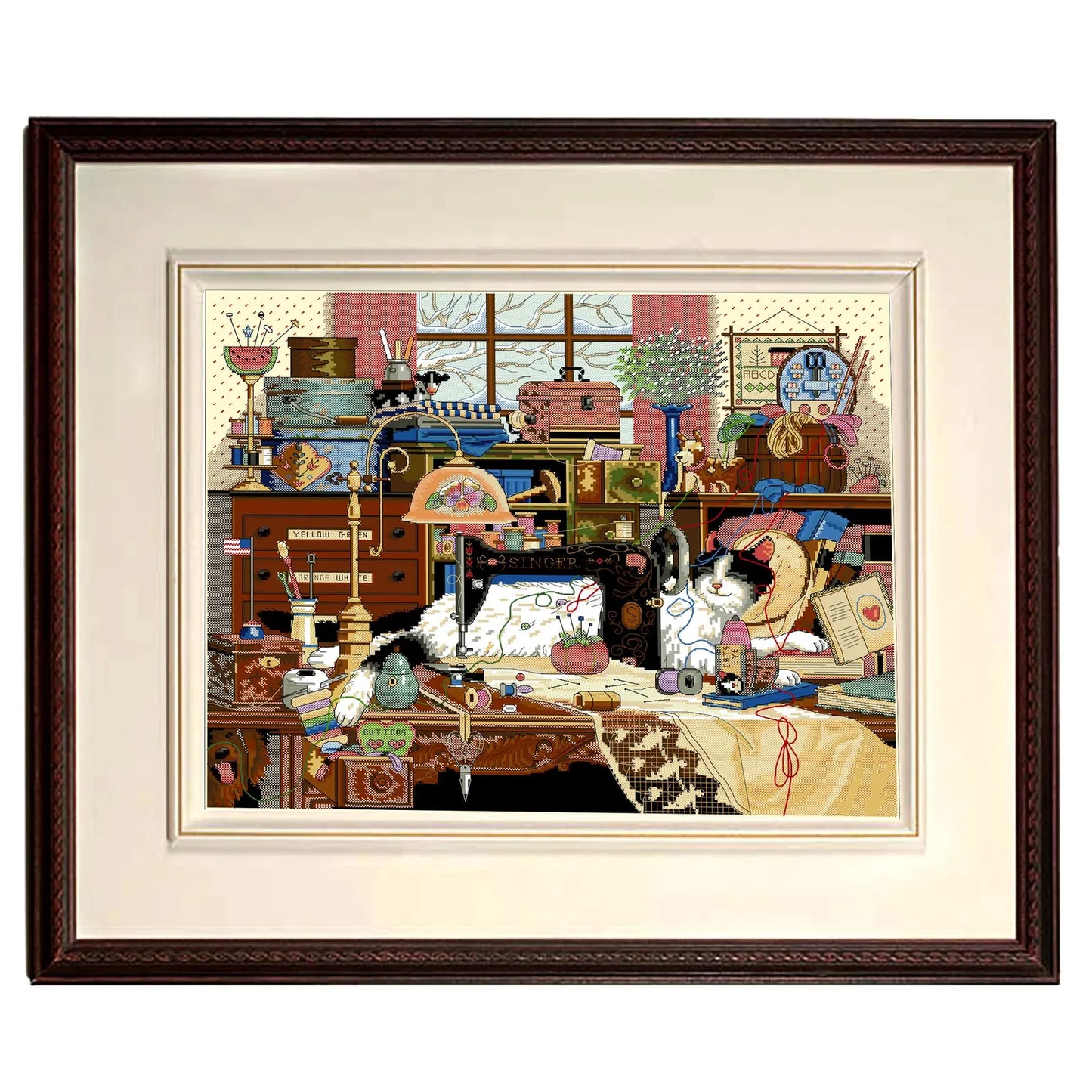 Cross stitch pattern in PDF format. Adorable cat in the sewing room. Modern wall decor.