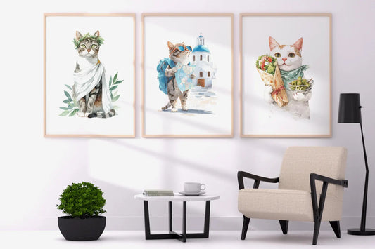 Greek Cat Wall Art Set – Funny Mediterranean Cat Prints, Watercolor Digital Download, Kitchen or Bathroom Decor, Travel Cat Posters