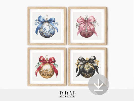 Bauble Cross Stitch Patterns | Set of 4 | PDF Guide | Digital Download | Christmas Cross Stitch Wall Art | Intermediate Cross Stitch