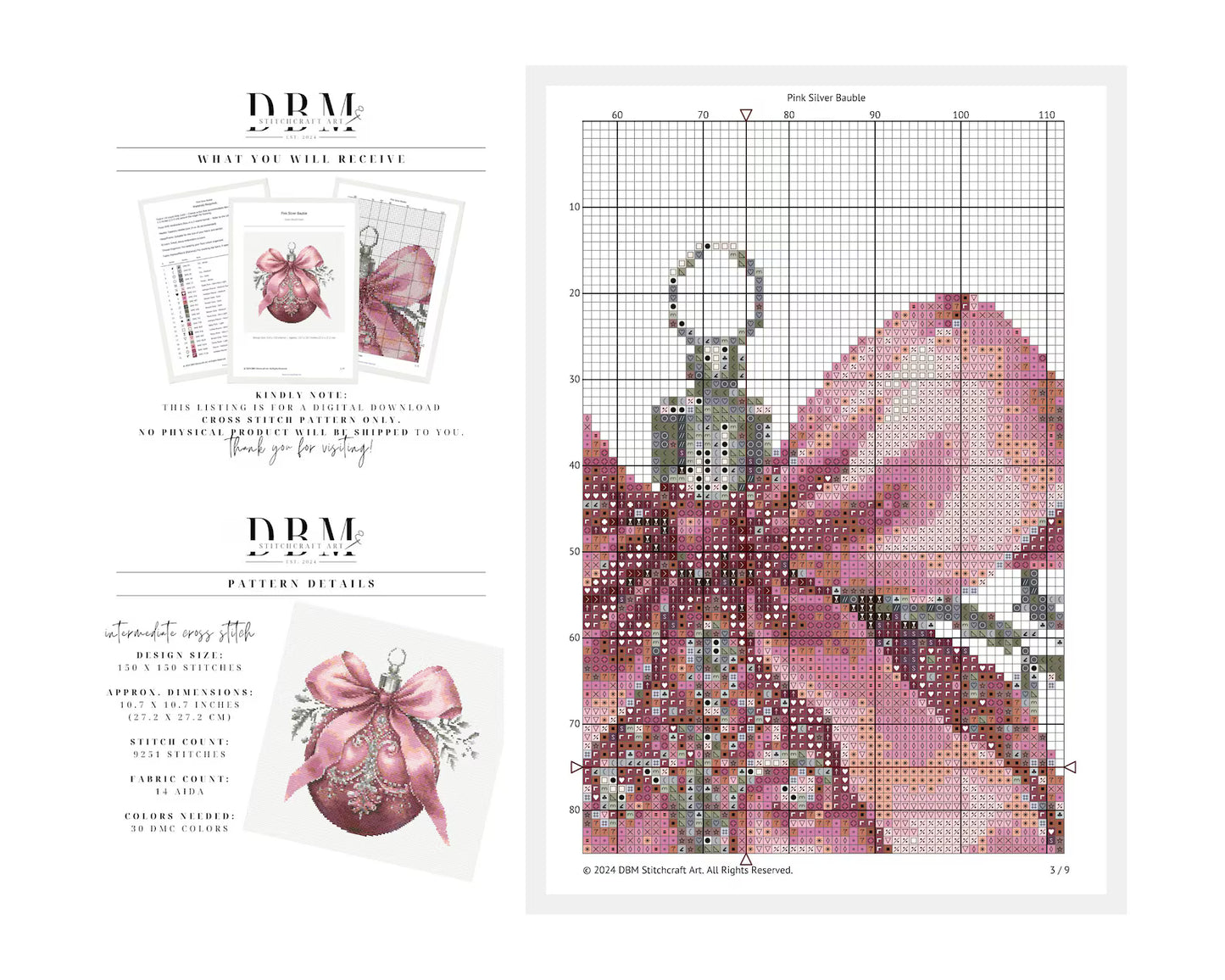 Bauble Cross Stitch Patterns | Set of 4 | PDF Guide | Digital Download | Christmas Cross Stitch Wall Art | Intermediate Cross Stitch